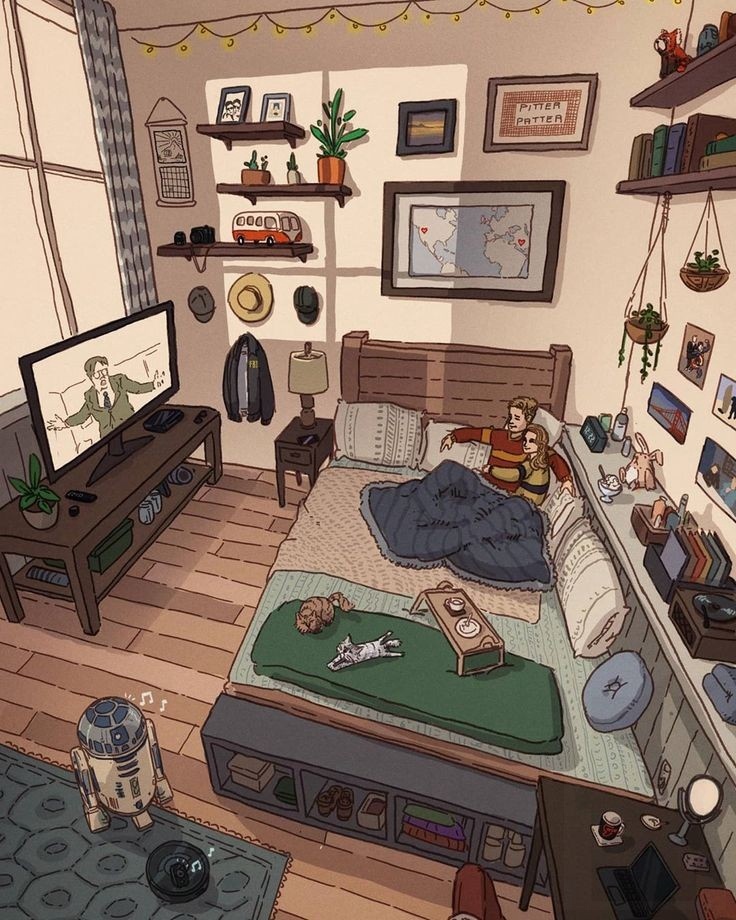 cozy - Drawing, Art, House, Cosiness, People, Animals, Interior, Longpost