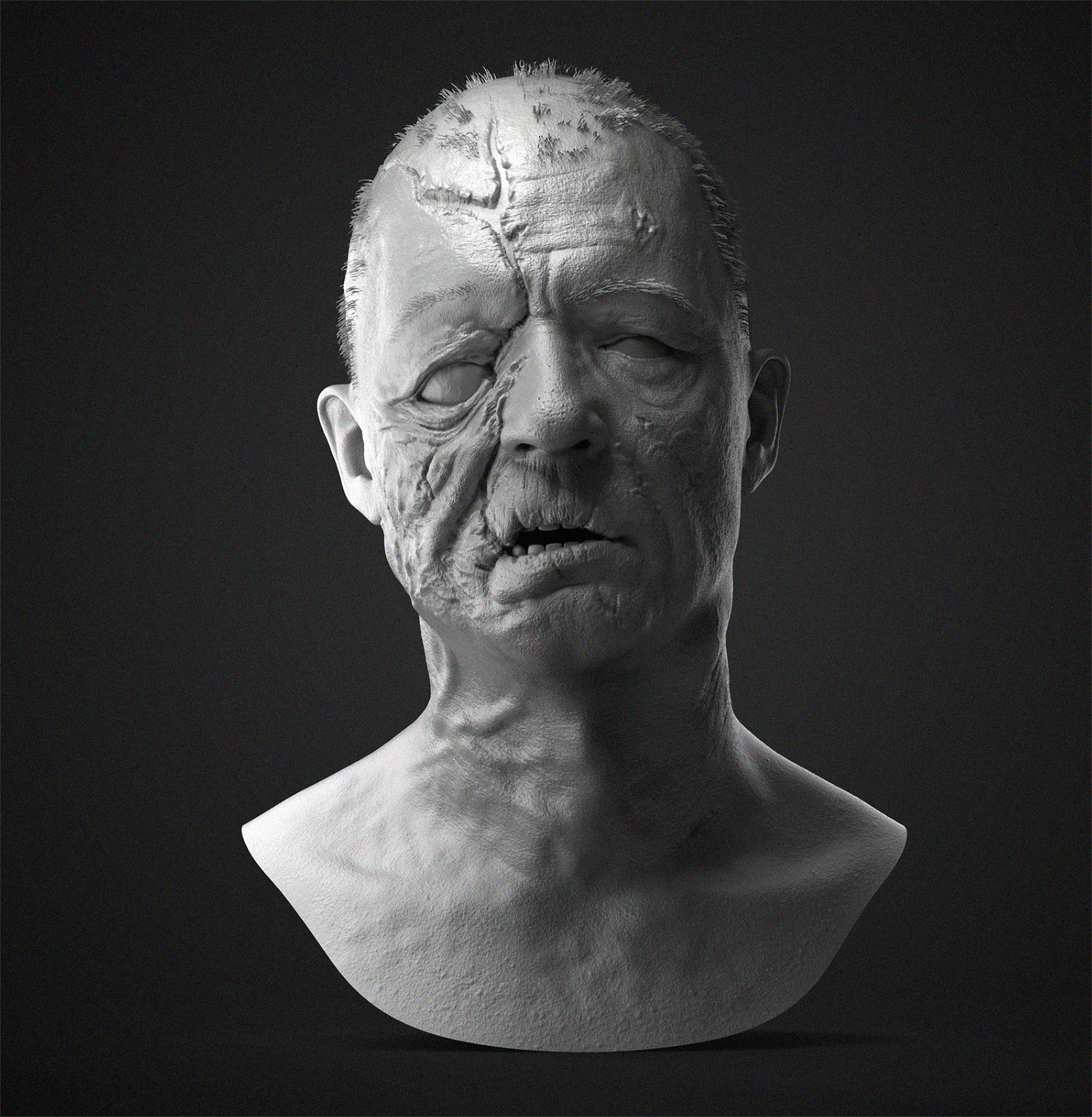 How did the guy's face crack - My, 3D, Modeling, 3D modeling, Portrait, Sculpture, Sculpting, Render, Zbrush, Artstation, Computer graphics, Zombie, the walking Dead, Longpost