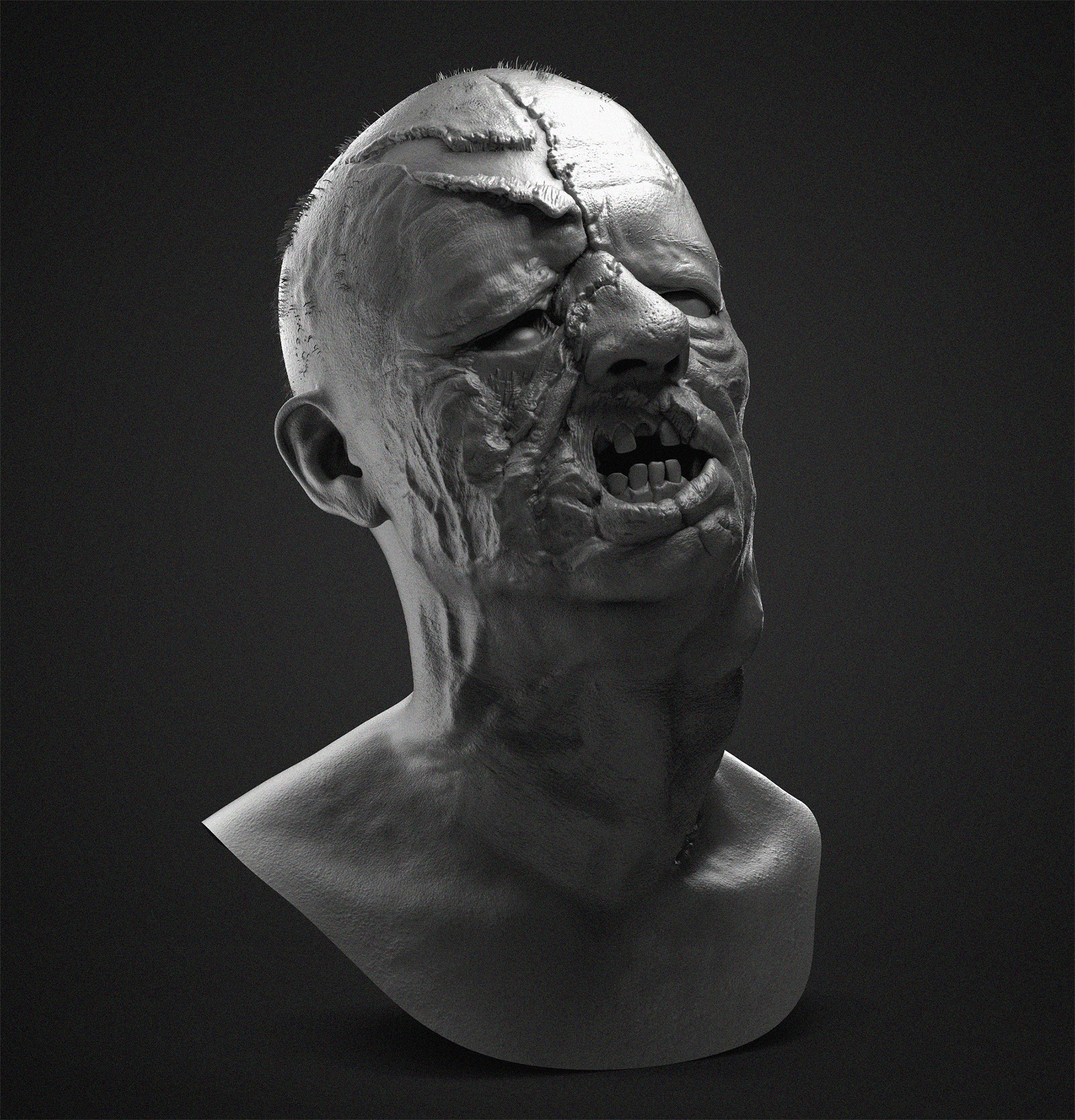 How did the guy's face crack - My, 3D, Modeling, 3D modeling, Portrait, Sculpture, Sculpting, Render, Zbrush, Artstation, Computer graphics, Zombie, the walking Dead, Longpost