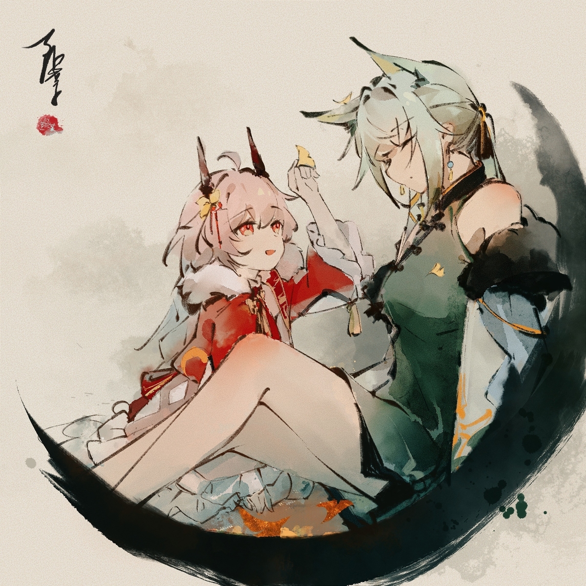 Kal'tsit & Theresa - Аниме, Anime Art, Arknights, Animal Ears, Horns, Kaltsit, Theresa (Arknights)