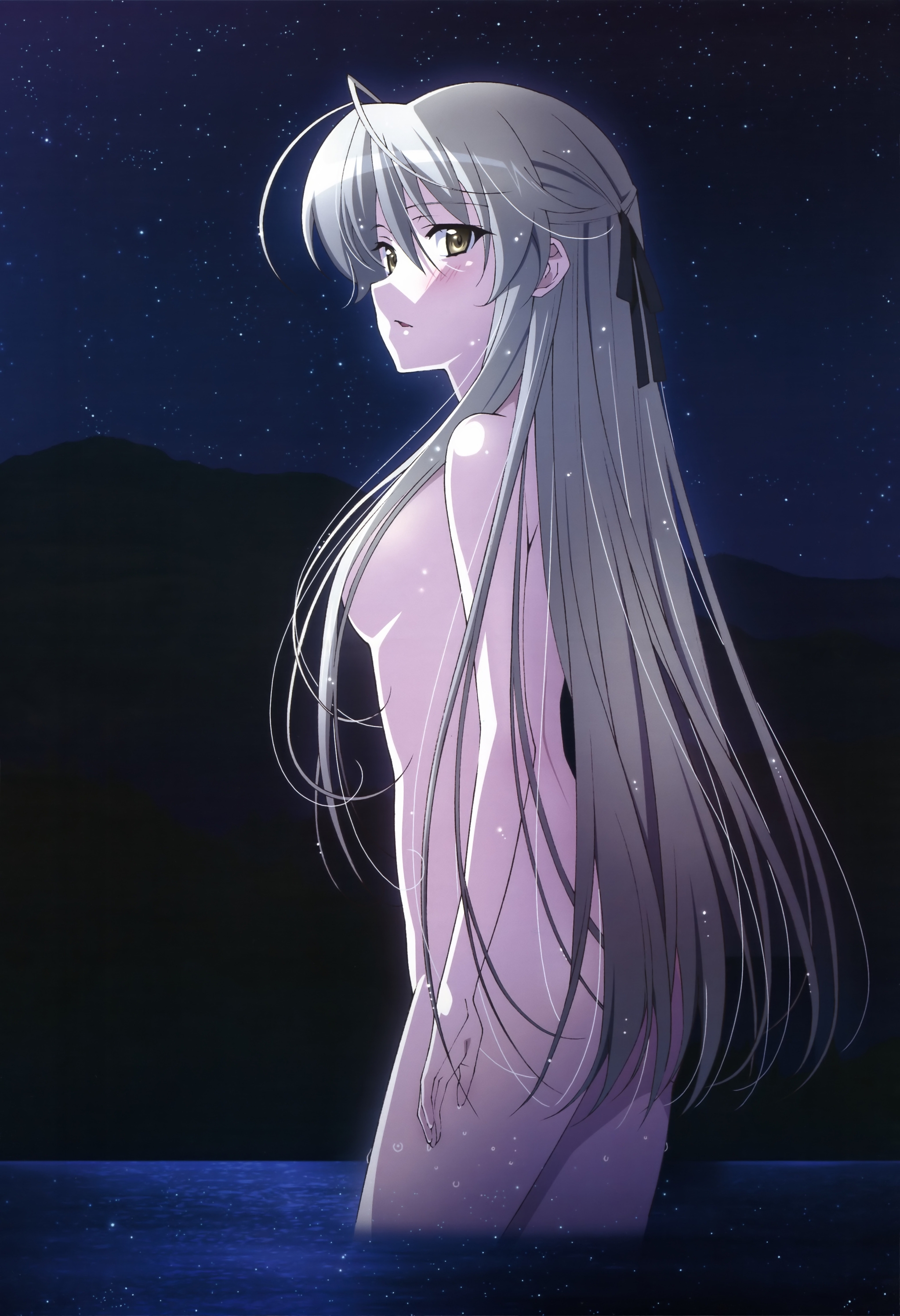 Сора - NSFW, Anime Art, Аниме, Девушки, Рисунок, Yosuga no Sora, Sora Kasugano, Нагота, Длинные волосы, Ночь, Озеро, Купание, Цветные волосы, Nyantype, Сиськи