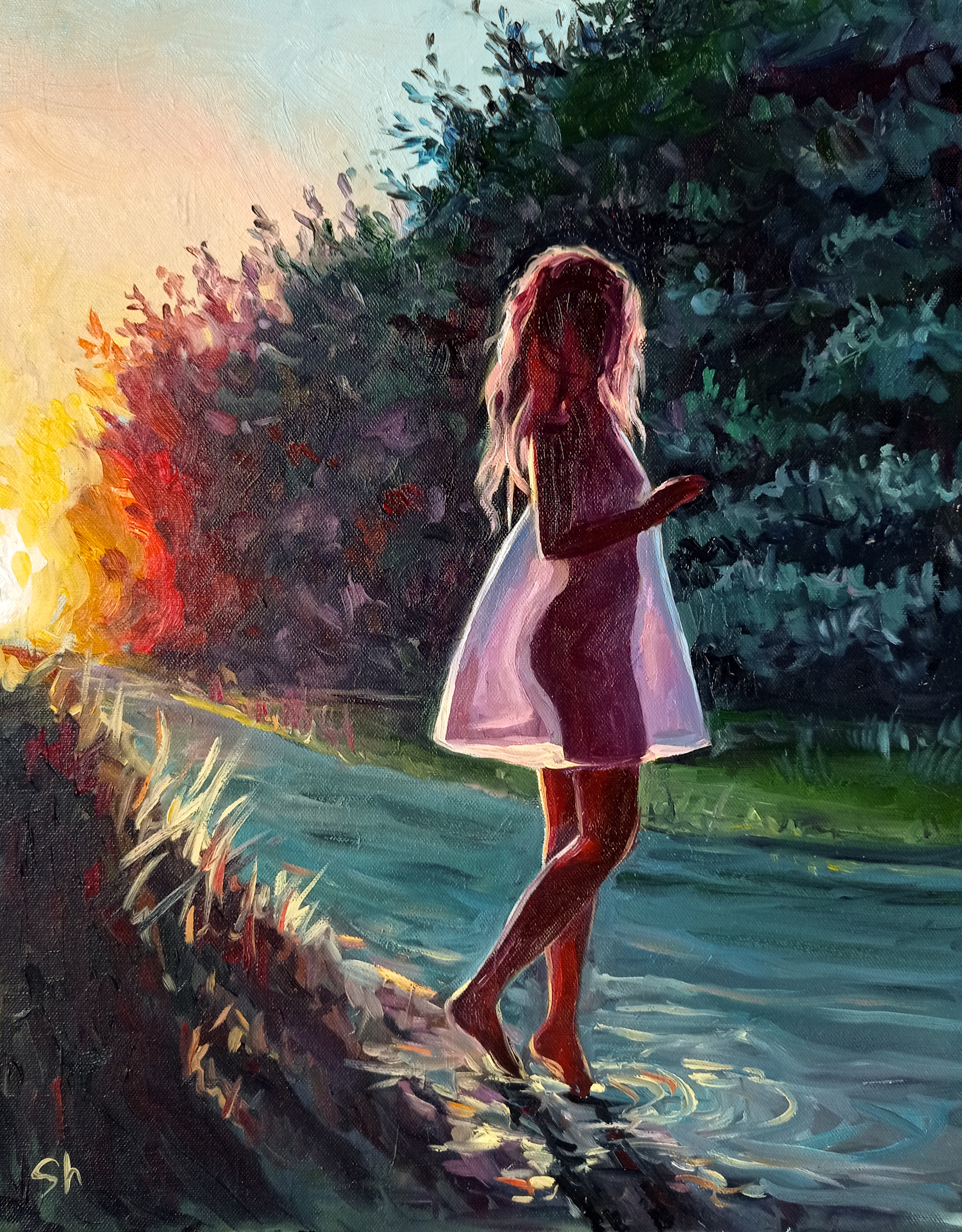 Dawn at the stream - My, Artist, Painting, Modern Art, Oil painting, Girls, Silhouette, dawn, Longpost