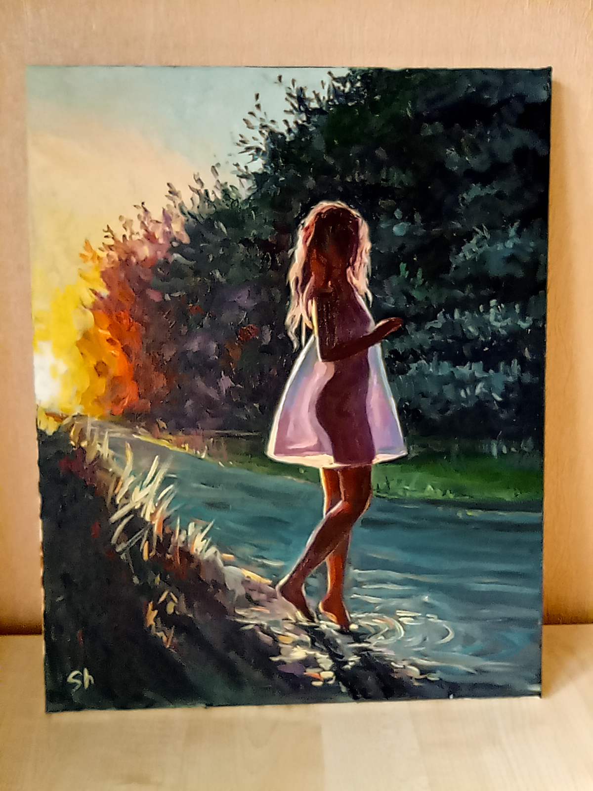 Dawn at the stream - My, Artist, Painting, Modern Art, Oil painting, Girls, Silhouette, dawn, Longpost