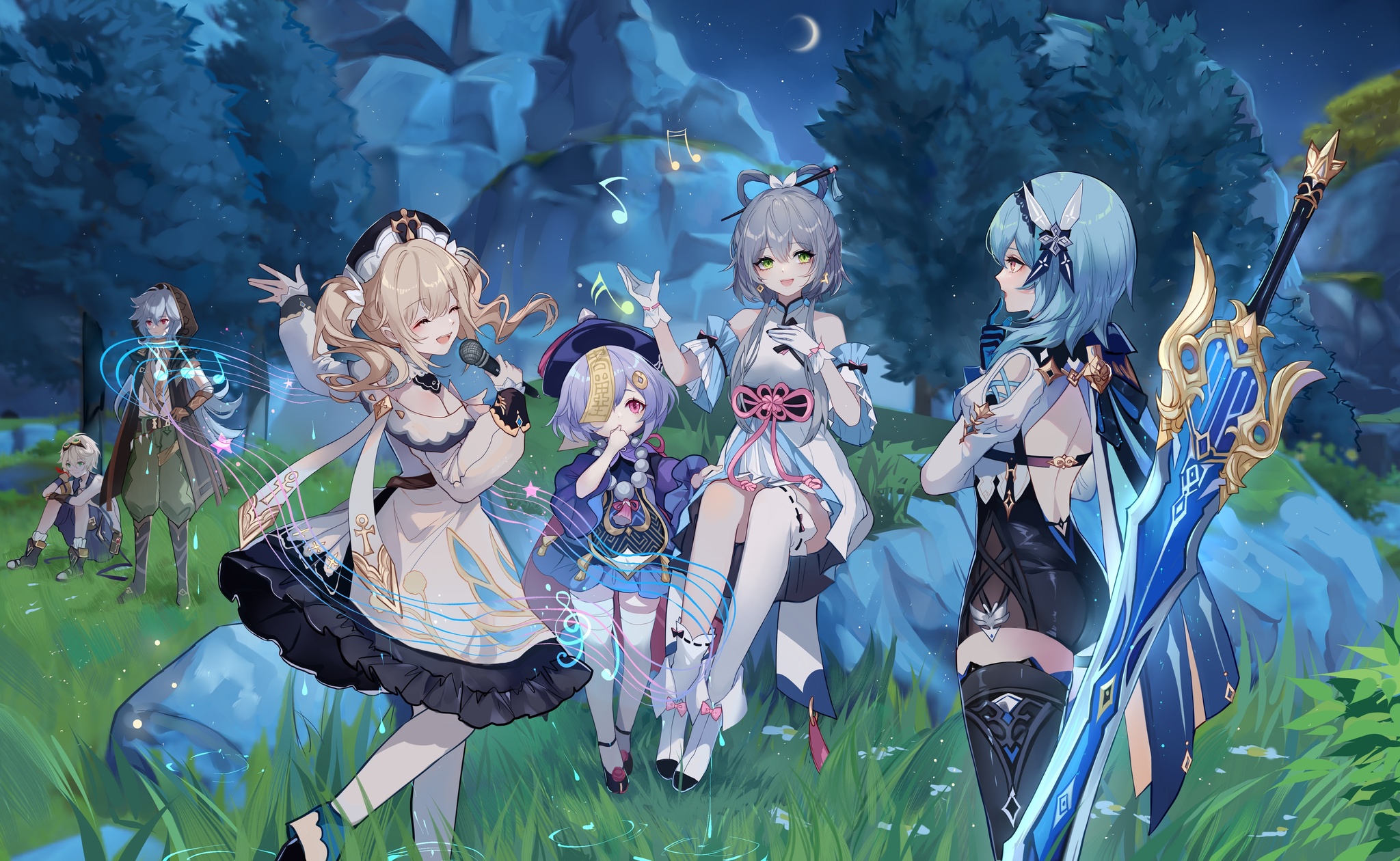 Get-togethers in nature - Genshin impact, Art, Anime art, Barbara, Qiqi, Eula (Genshin Impact), Razor, Bennett