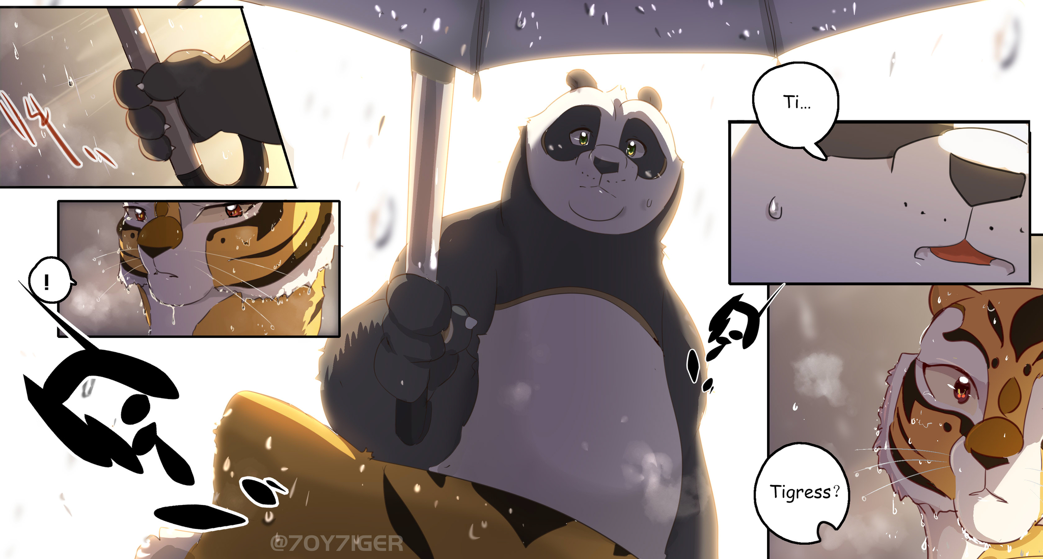 Umbrella - Furry, Comics, Cartoons, Kung Fu Panda, Master Tigress, Furry tiger, Furry Panda, Furry edge, Rain, Shower, Umbrella, Longpost