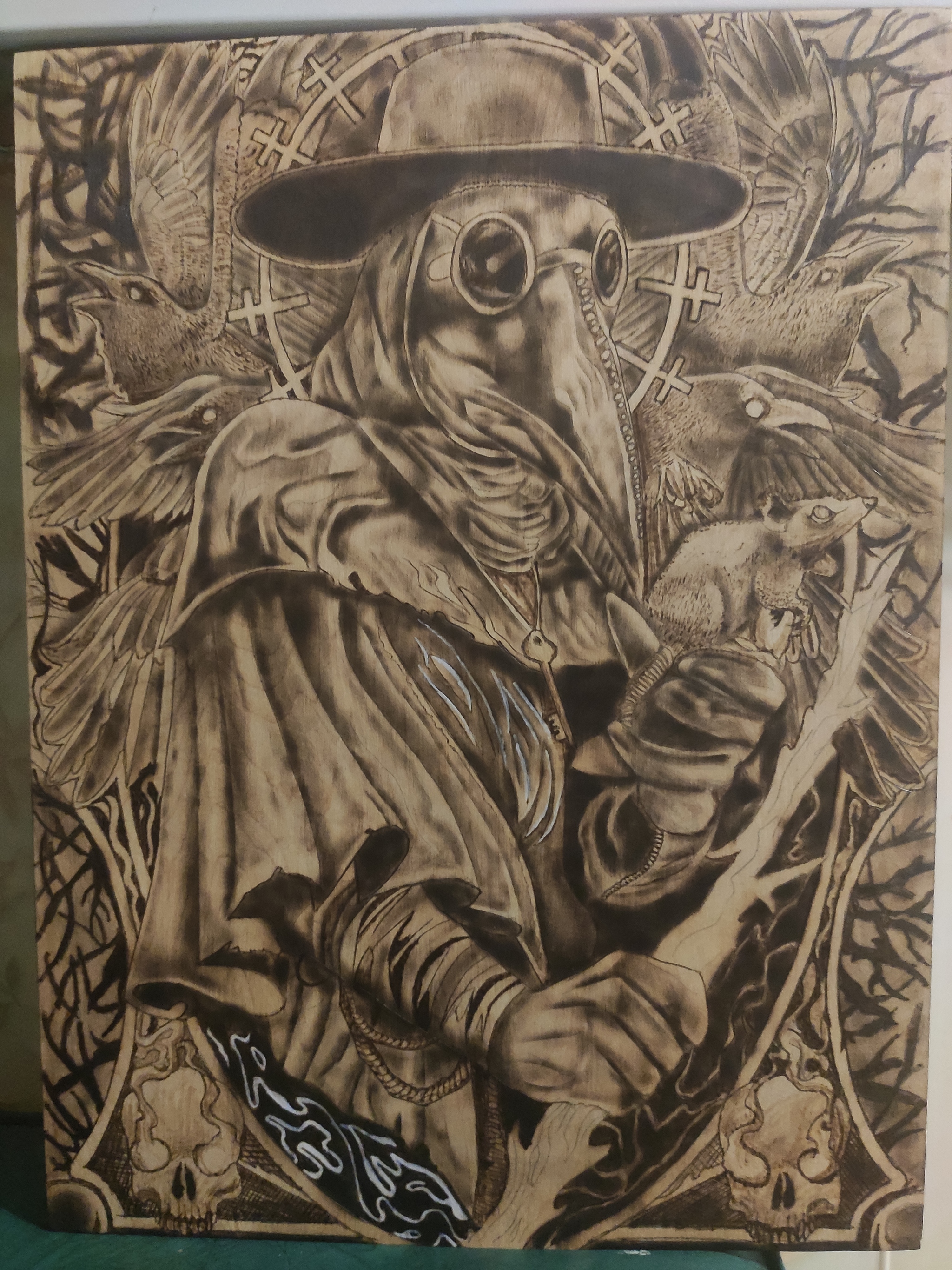 Plague doctor, 40x30cm, mine - My, Scorcher, Art, Art, Drawing, With your own hands, Needlework with process, Plague Doctor, Longpost, Pyrography