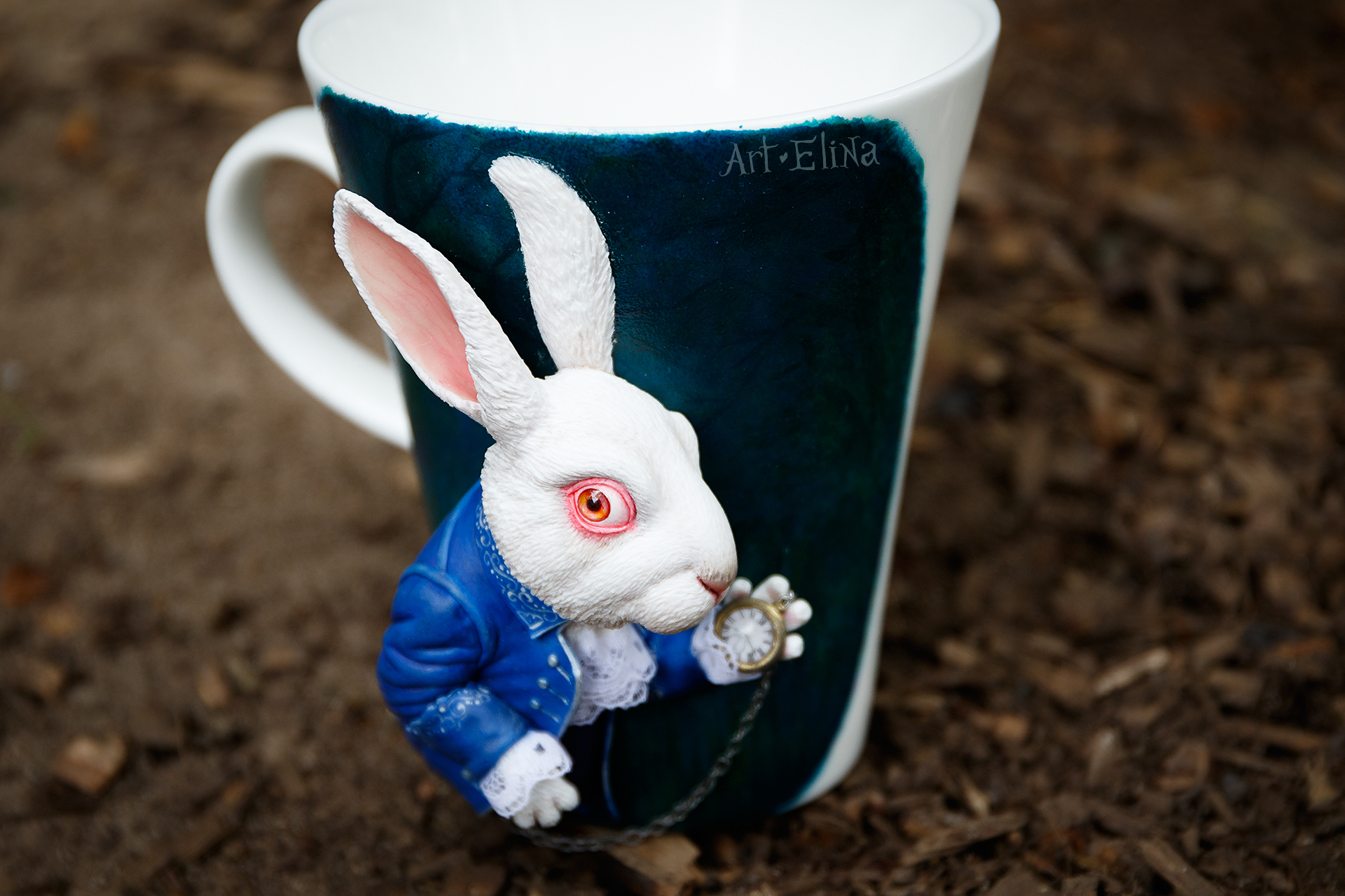 White rabbit made of polymer clay - My, Needlework with process, Лепка, Figurines, Polymer clay, White Rabbit, Mug with decor, Handmade, Кружки, Longpost