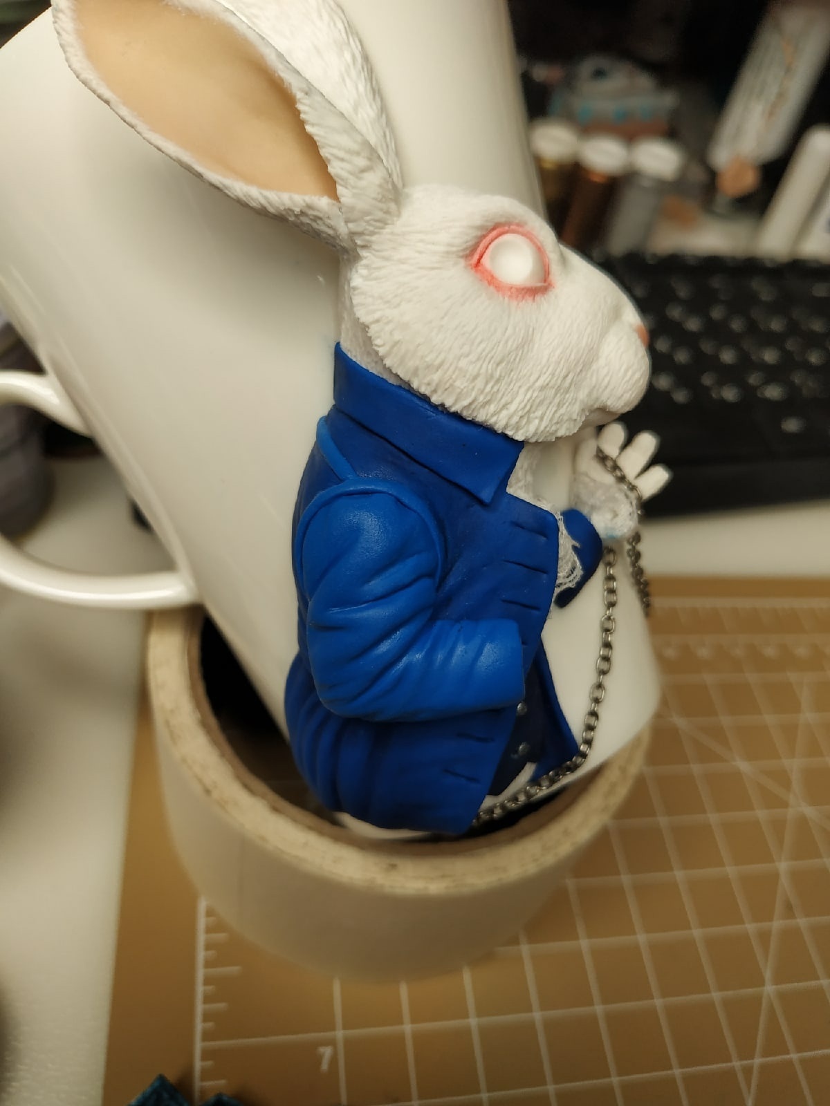 White rabbit made of polymer clay - My, Needlework with process, Лепка, Figurines, Polymer clay, White Rabbit, Mug with decor, Handmade, Кружки, Longpost