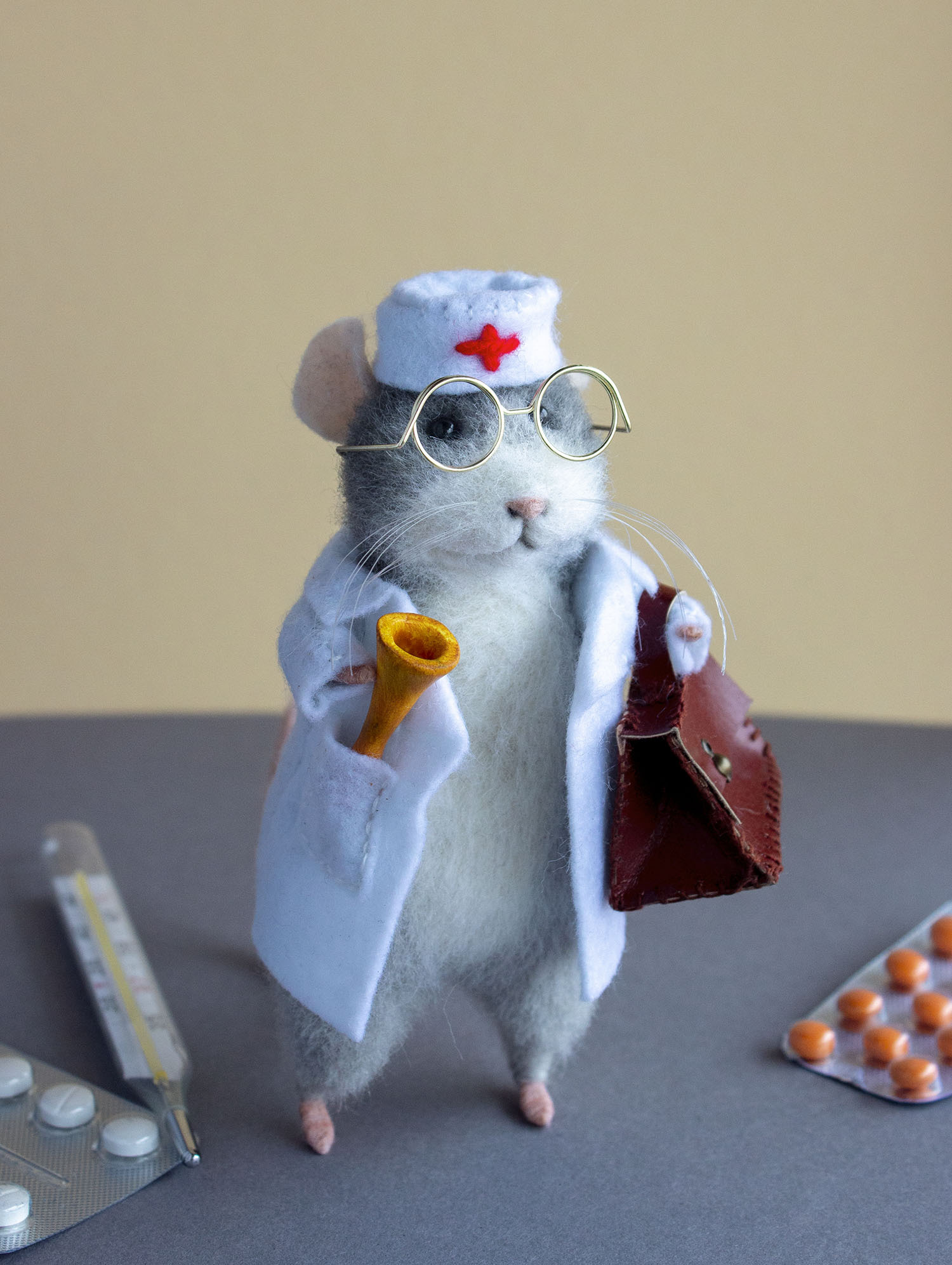 Dr. Myshkin - My, Mouse, Dry felting, Needlework without process, Medical worker's day, Wallow