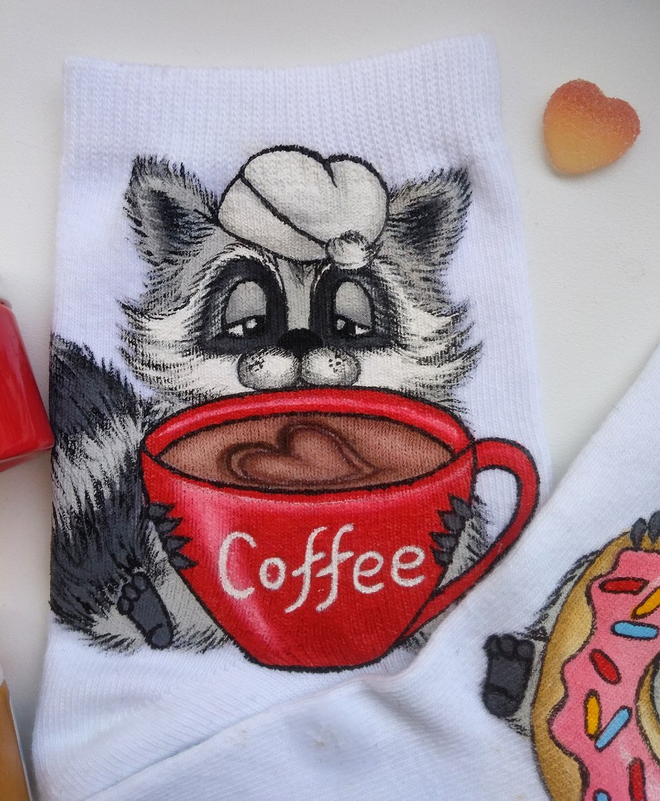 Hand-painted socks - My, Needlework without process, Needlework, Creation, Handmade, Raccoon, Painting on fabric, Friday, Presents, Friday tag is mine, Longpost