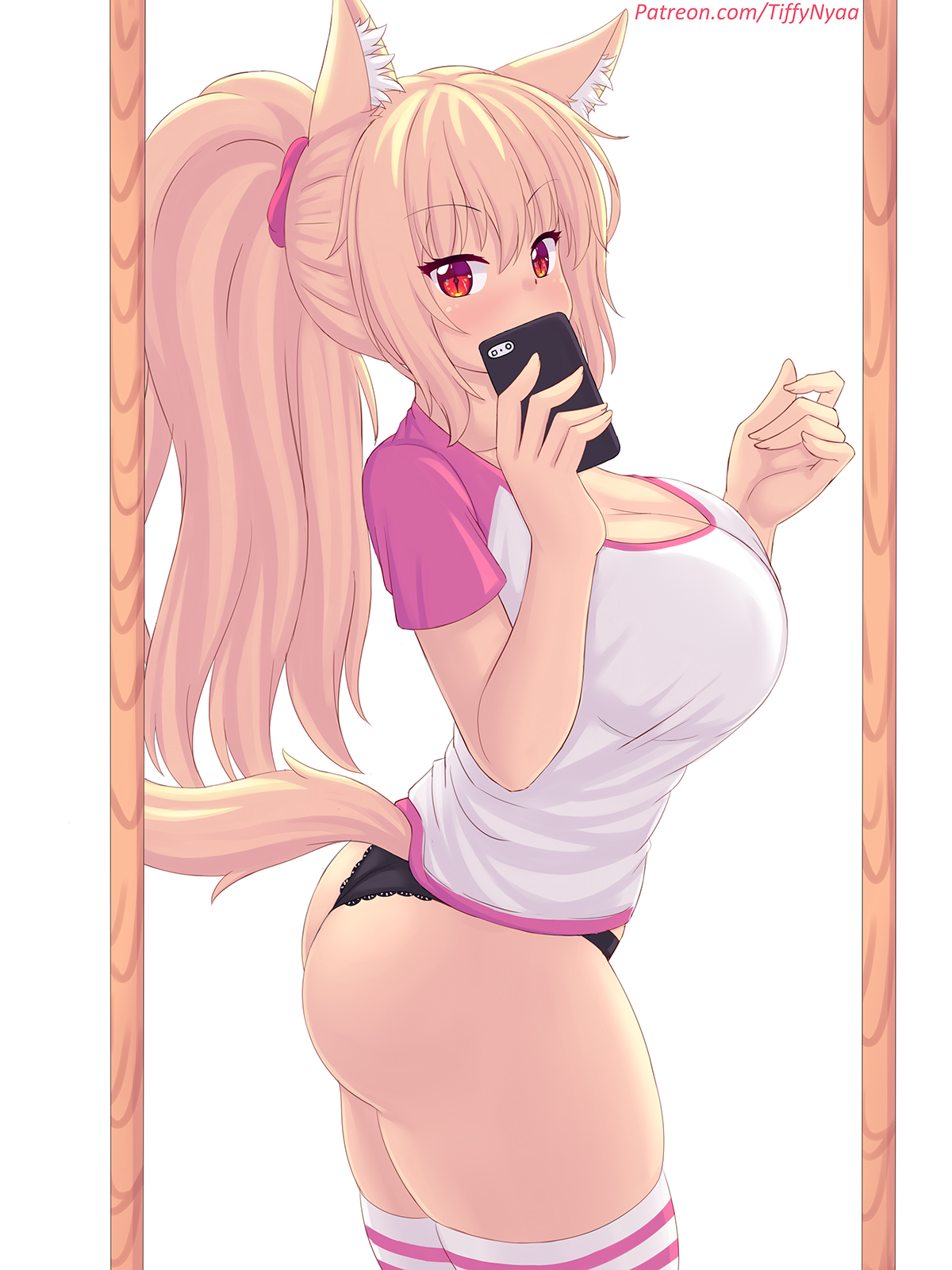 Lemme take another selfie~~ - NSFW, Art, Anime art, Girls, Anime, Hand-drawn erotica, Tail, Neko, Pantsu, Stockings, Animal ears, Original character, Booty, Boobs, Selfie, Tiffy, Fastrunner2024, Longpost