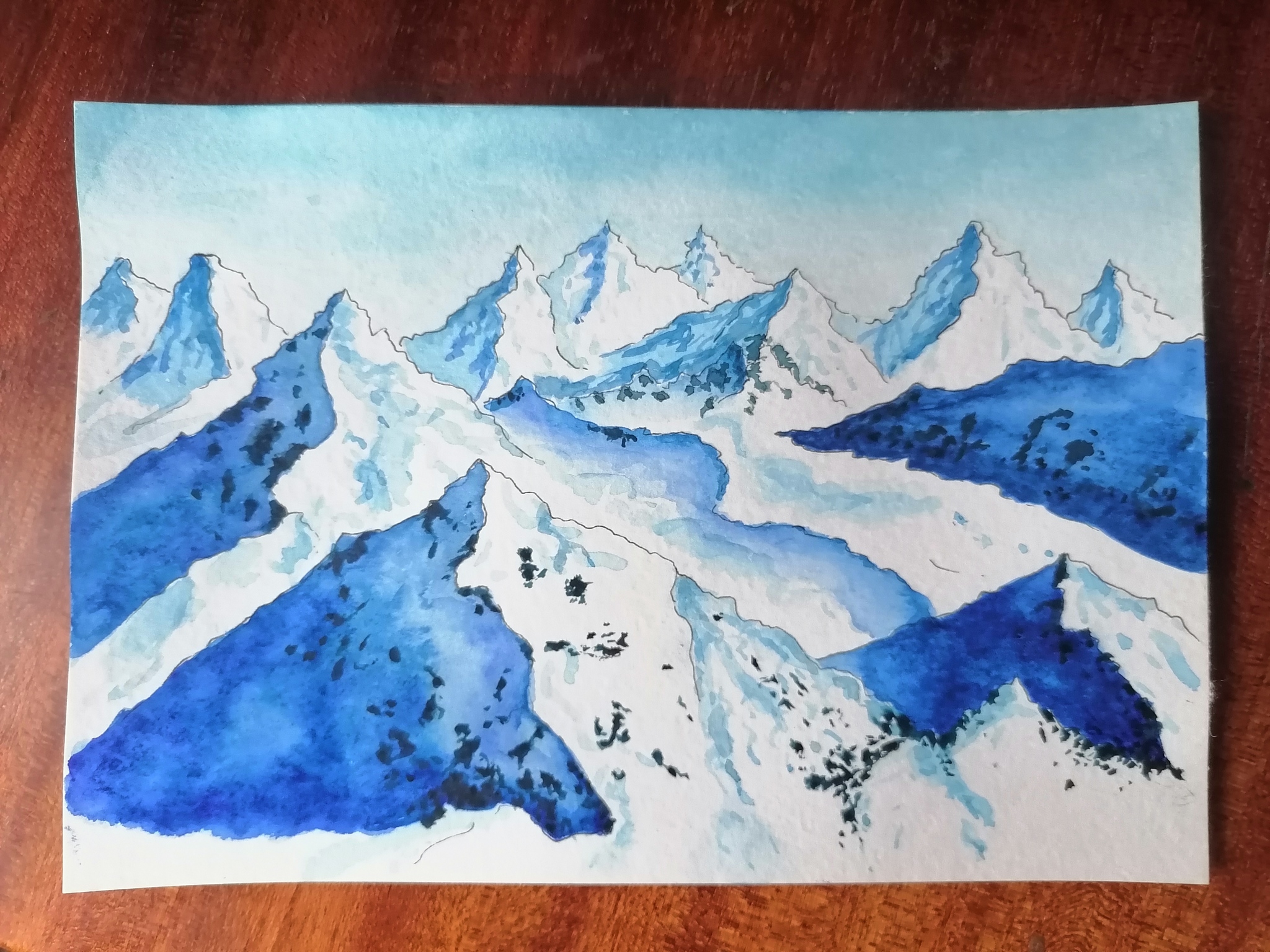 Mountains, spikelets - My, Beginner artist, Snow, Winter, Spikelet, Watercolor, Sketch, Sketchbook