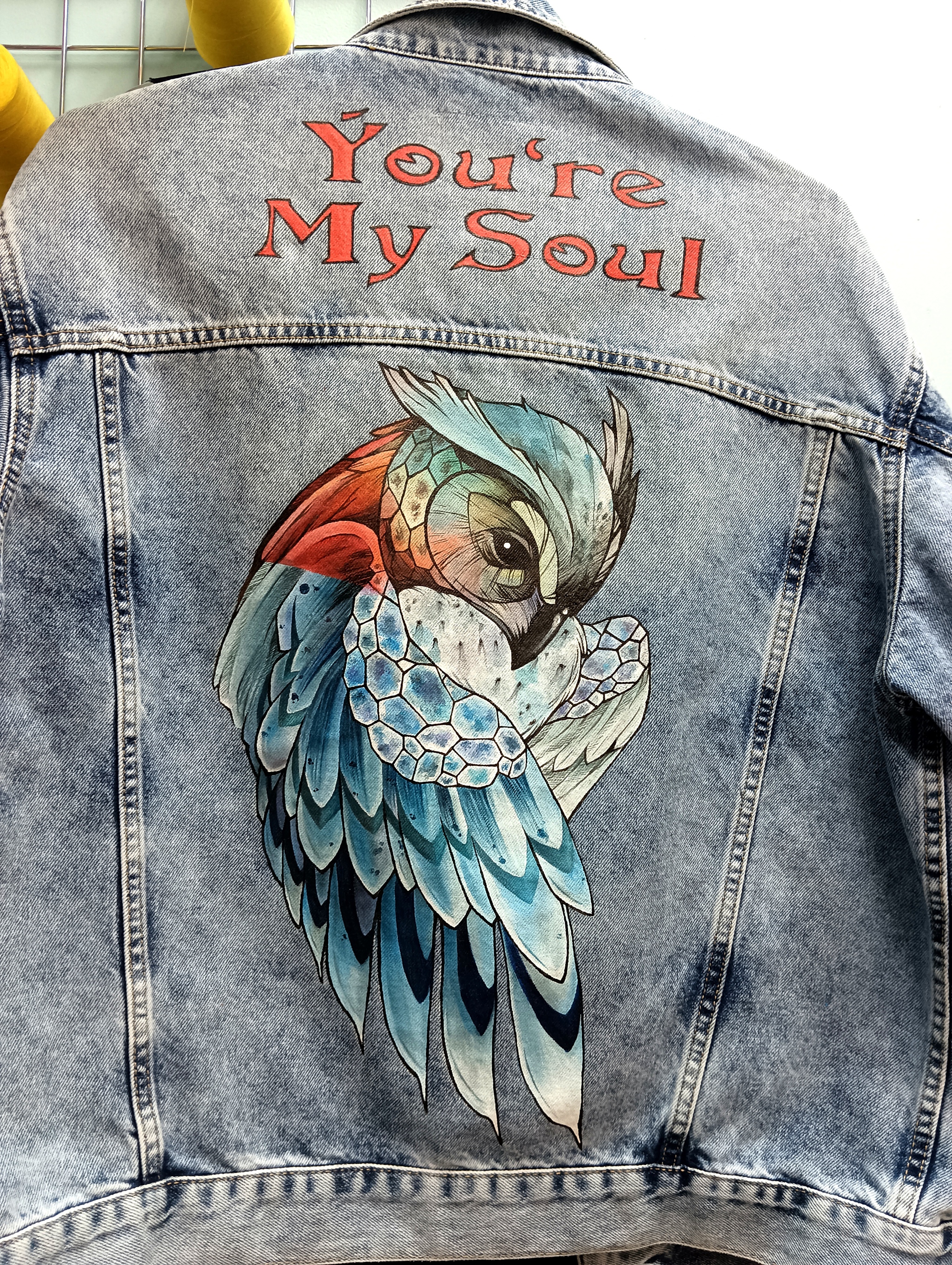 Painting on jeans with acrylic paints on fabric (one of the orders) - My, Painting on fabric, Individual design, Style, Creation, Owl, Drawing, Longpost