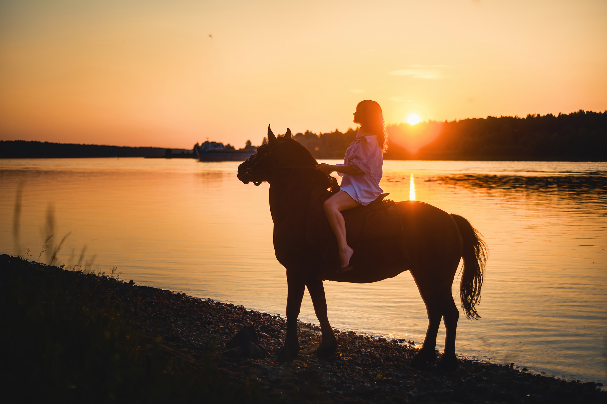 On the Sunset... - My, Sunset, Volga river, Girls, Water, The photo, Longpost, Horses