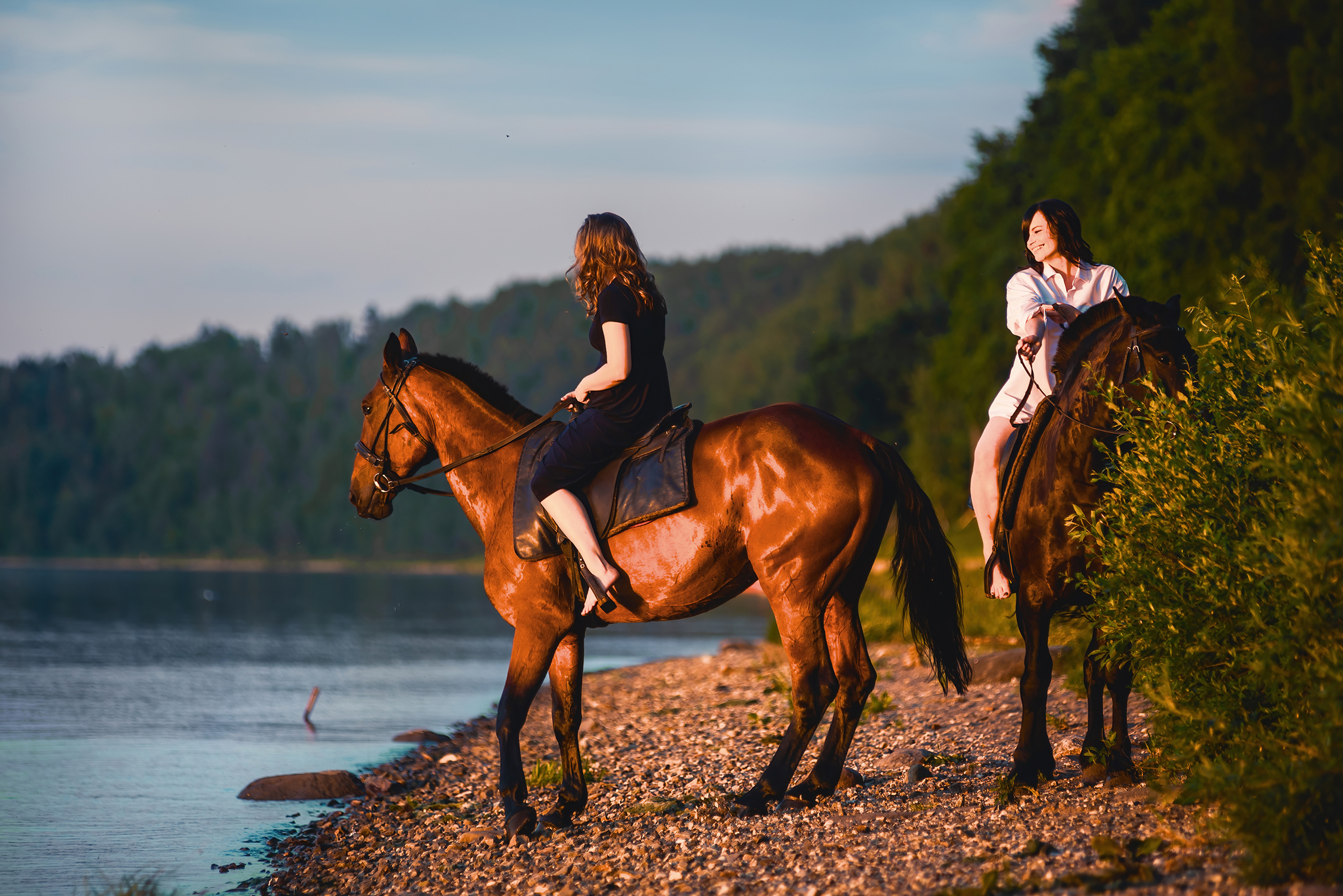 On the Sunset... - My, Sunset, Volga river, Girls, Water, The photo, Longpost, Horses