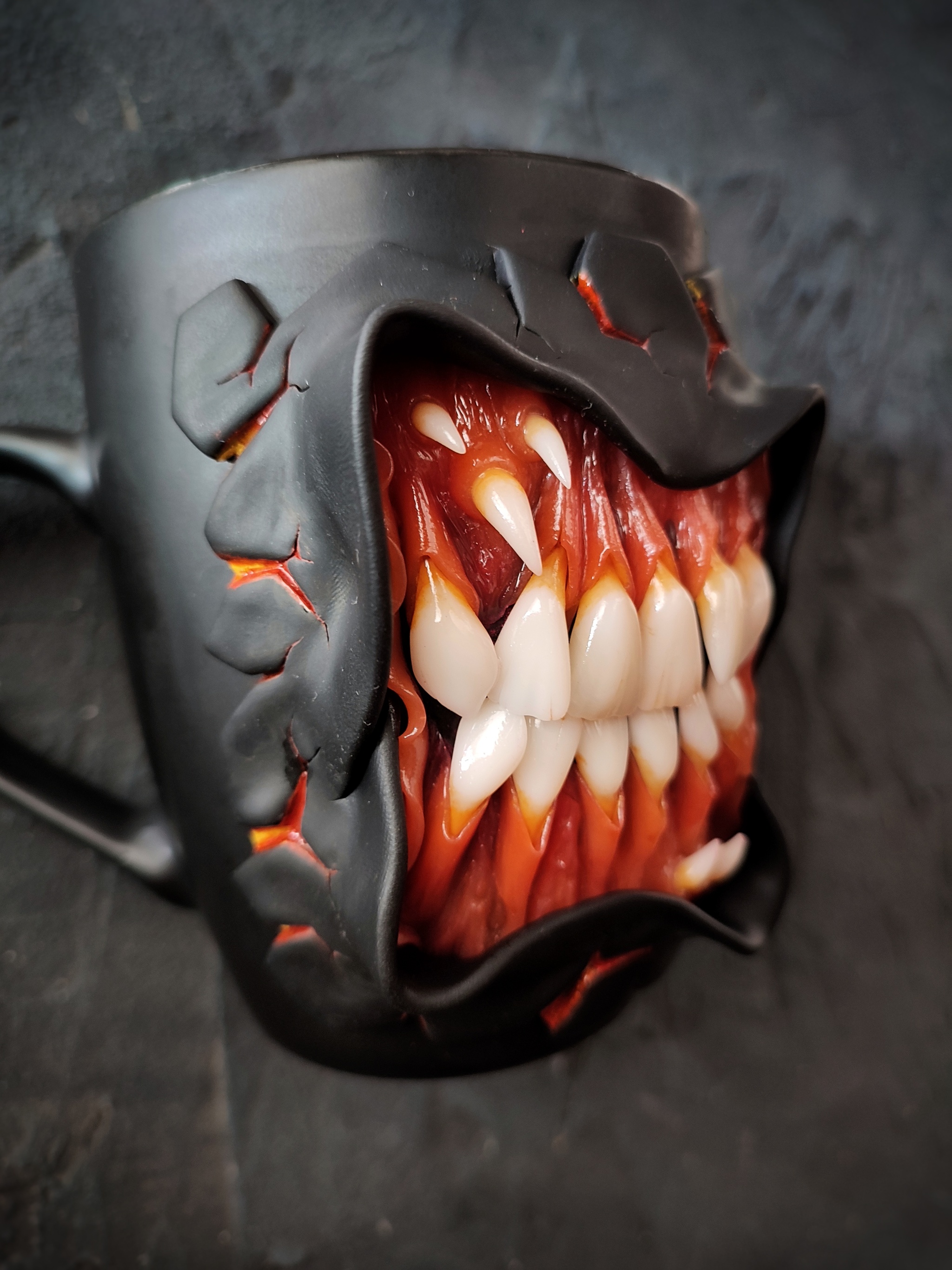 toothy mug - My, Mug with decor, Kripota, Polymer clay, Needlework without process, Teeth, Monster, Longpost