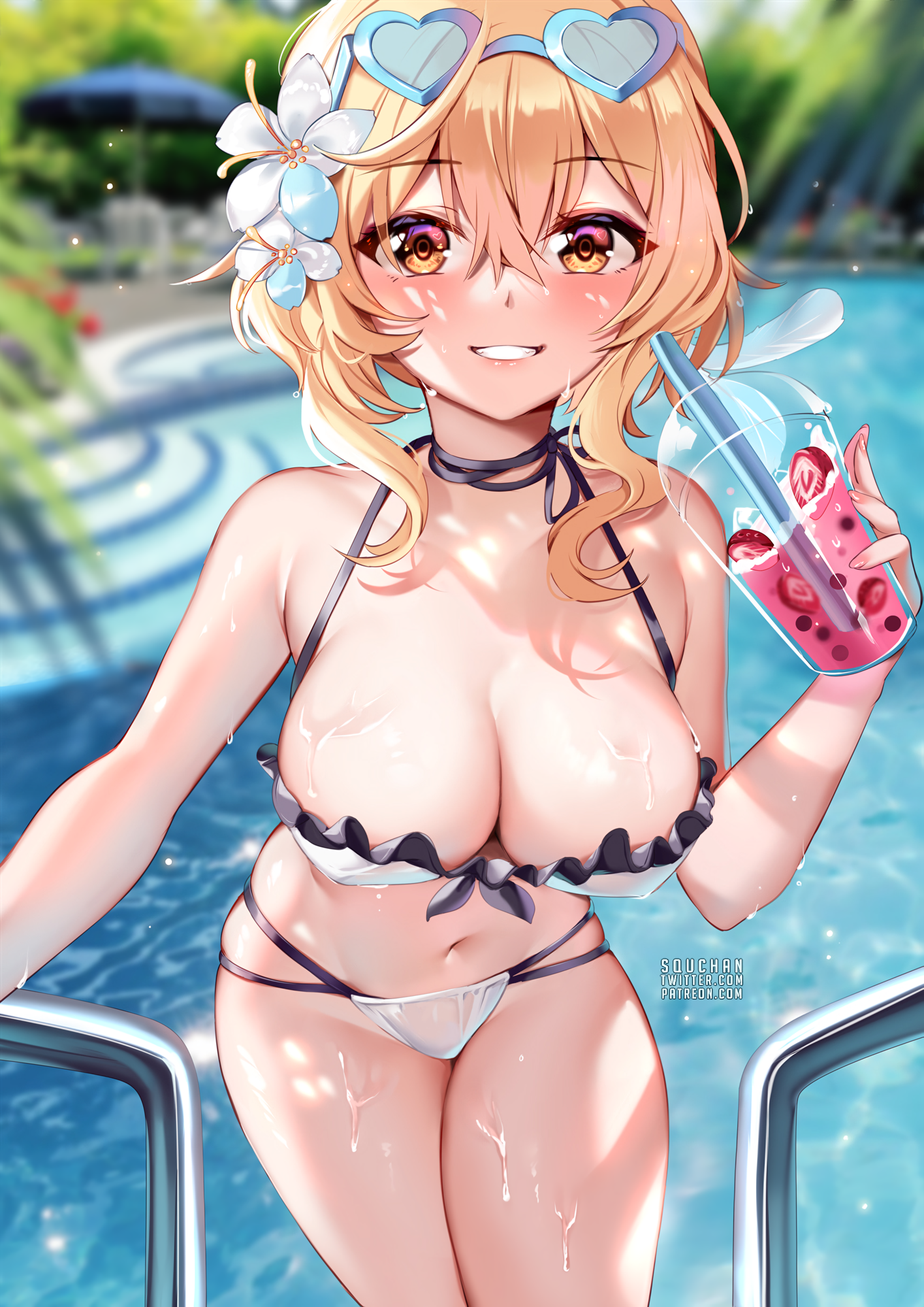 Lumine - NSFW, Genshin impact, Lumine, Art, Girls, Games, Anime, Anime art, Swimsuit, Boobs, Swimming pool, SquChan