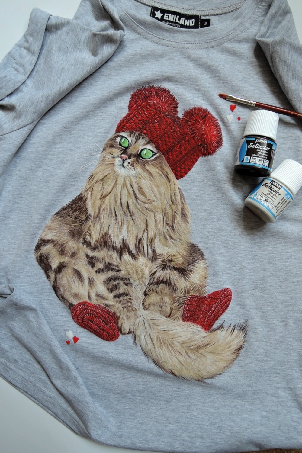 Hand painted t shirt - My, Painting on fabric, Needlework, Creation, Handmade, Needlework without process, cat, Presents, Longpost