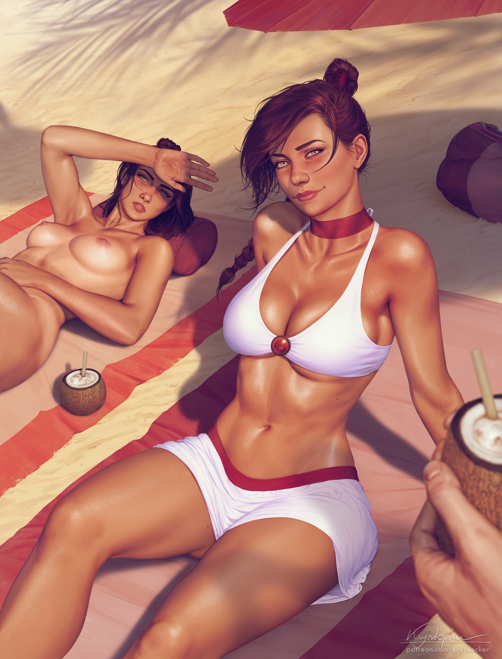 Tai Li and Suyuki on the Beach (supplement) - NSFW, Art, Drawing, Avatar, Avatar: The Legend of Aang, Tai li, Suyuki, Girls, Erotic, Hand-drawn erotica, Swimsuit, Bikini, Boobs, Topless, Nudity, Pubis, Pubes, Tan line, Beach, Krysdecker, Longpost