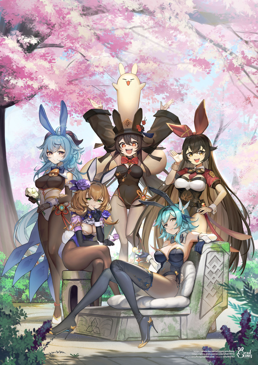 Bunnies - NSFW, Anime, Anime art, Genshin impact, Bunnysuit, Lisa (Genshin Impact), Ganyu, Hu Tao, Eula (Genshin Impact), Yae miko, Lumine, Kamisato Ayaka, Raiden shogun, Amber, Keqing, Tights, Stockings, Longpost