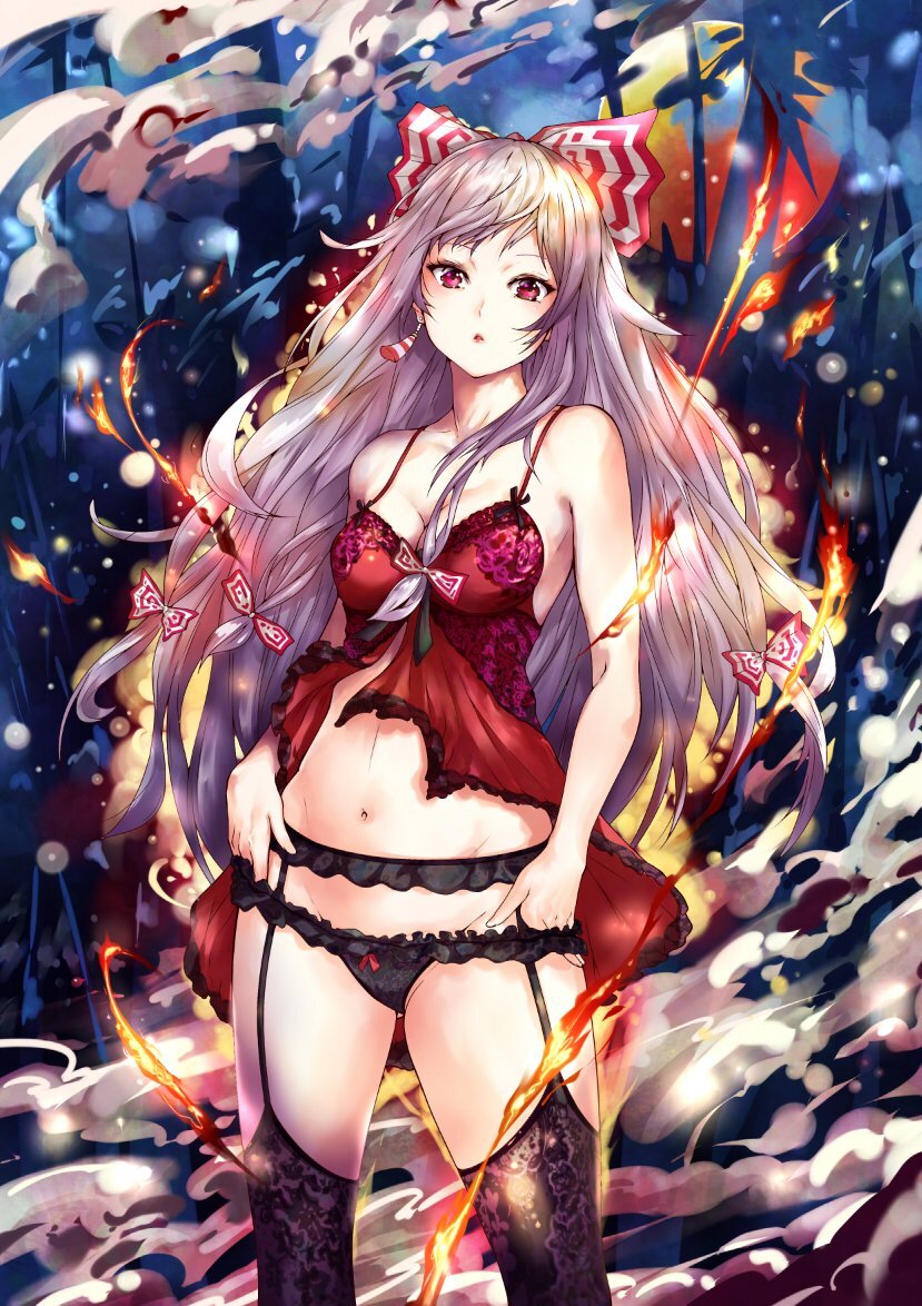 Beauty of Fujiwara - NSFW, Touhou, Fujiwara no mokou, Anime, Anime art, Mayonaka Taruho, Underwear, Boobs, Pantsu, Stockings, Hand-drawn erotica, Erotic