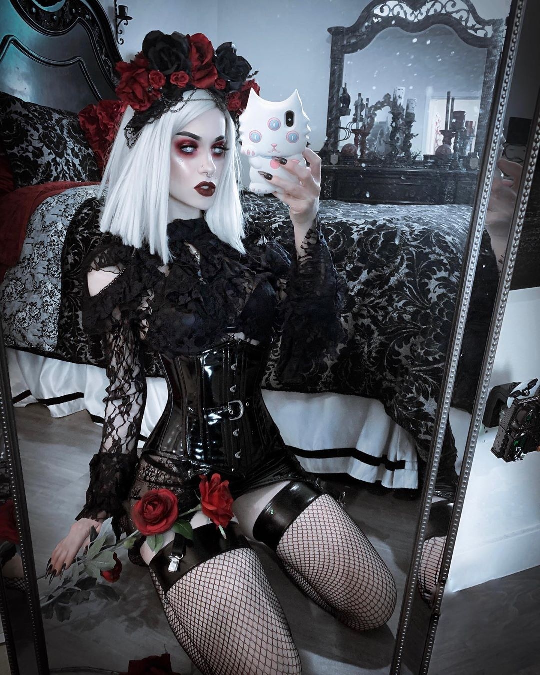 Nikiskinoir - NSFW, Girls, Gothic, Selfie, Girl with tattoo, Stockings, Underwear, Longpost