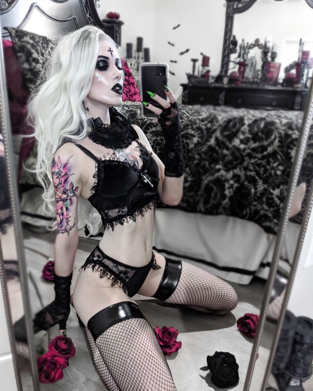 Nikiskinoir - NSFW, Girls, Gothic, Selfie, Girl with tattoo, Stockings, Underwear, Longpost