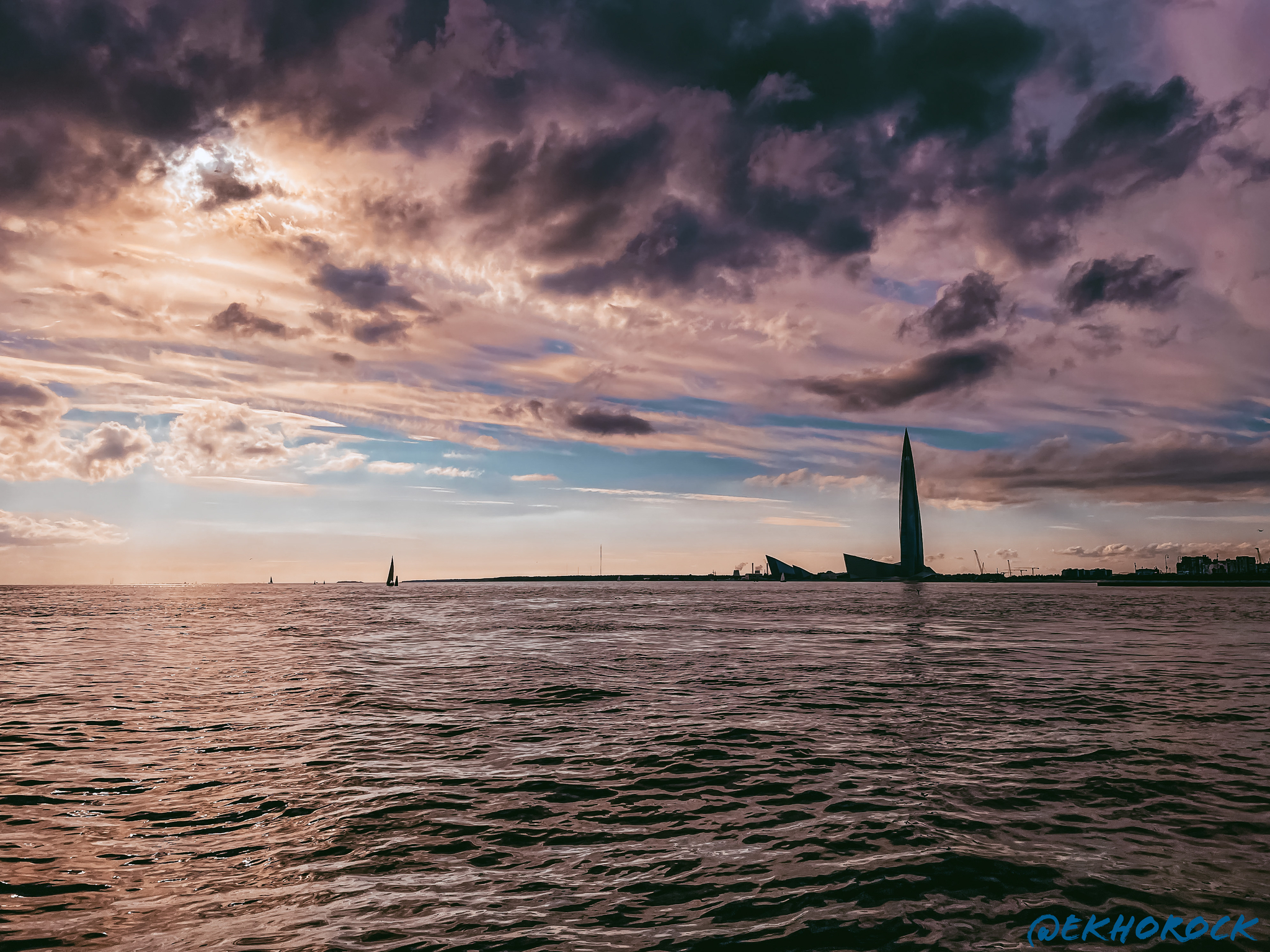 Lakhta-center from the water - My, Lakhta Center, Skyscraper, The Gulf of Finland, Clouds, Sky, Architecture, The photo, Mobile photography