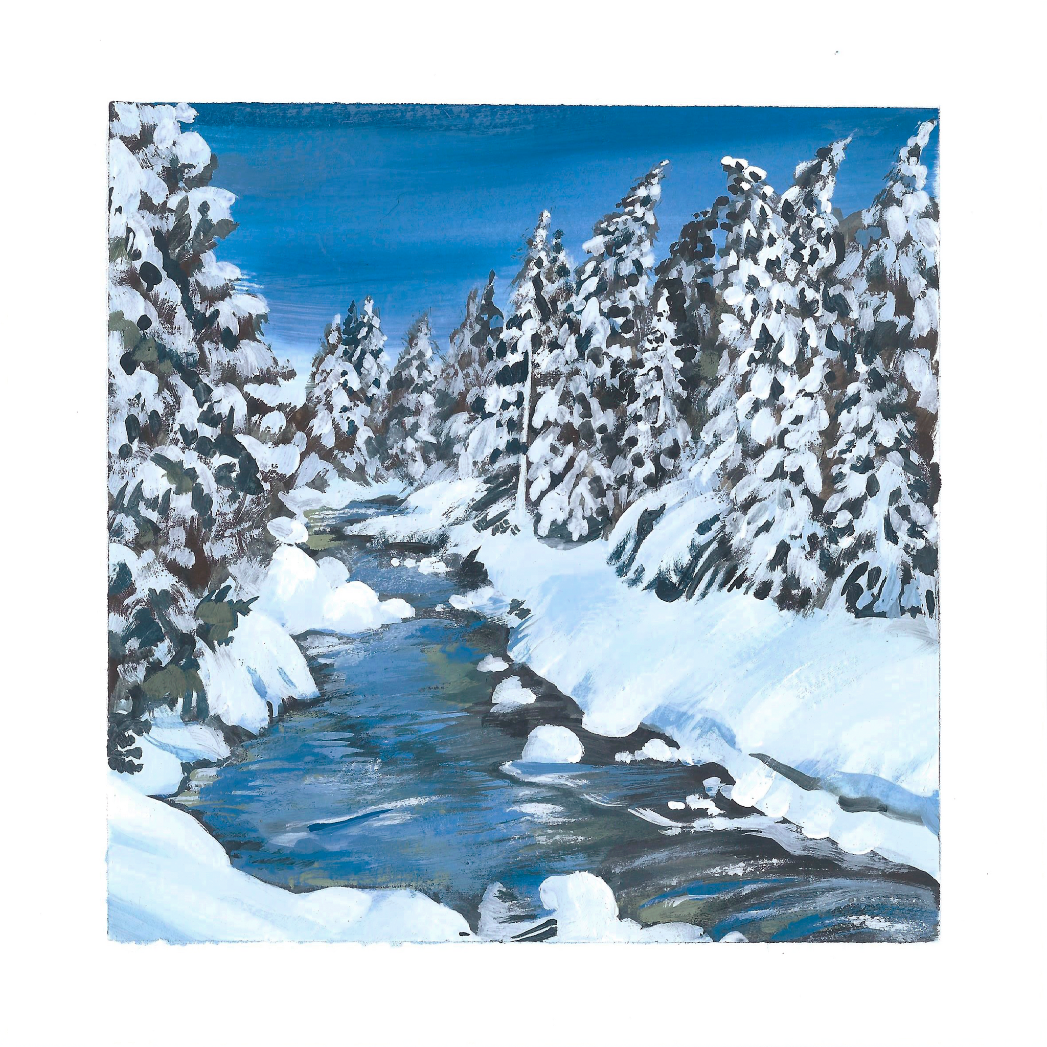 Winter river gouache - My, Creation, Painting, Painting, Gouache, Landscape, Painting, Video, Youtube, Longpost