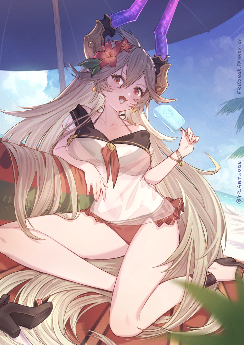 Threo - NSFW, Аниме, Арт, Anime Art, OnOff, Рисованная эротика, Granblue Fantasy, Девушки, Пляж, Бикини, Мороженое, Длиннопост