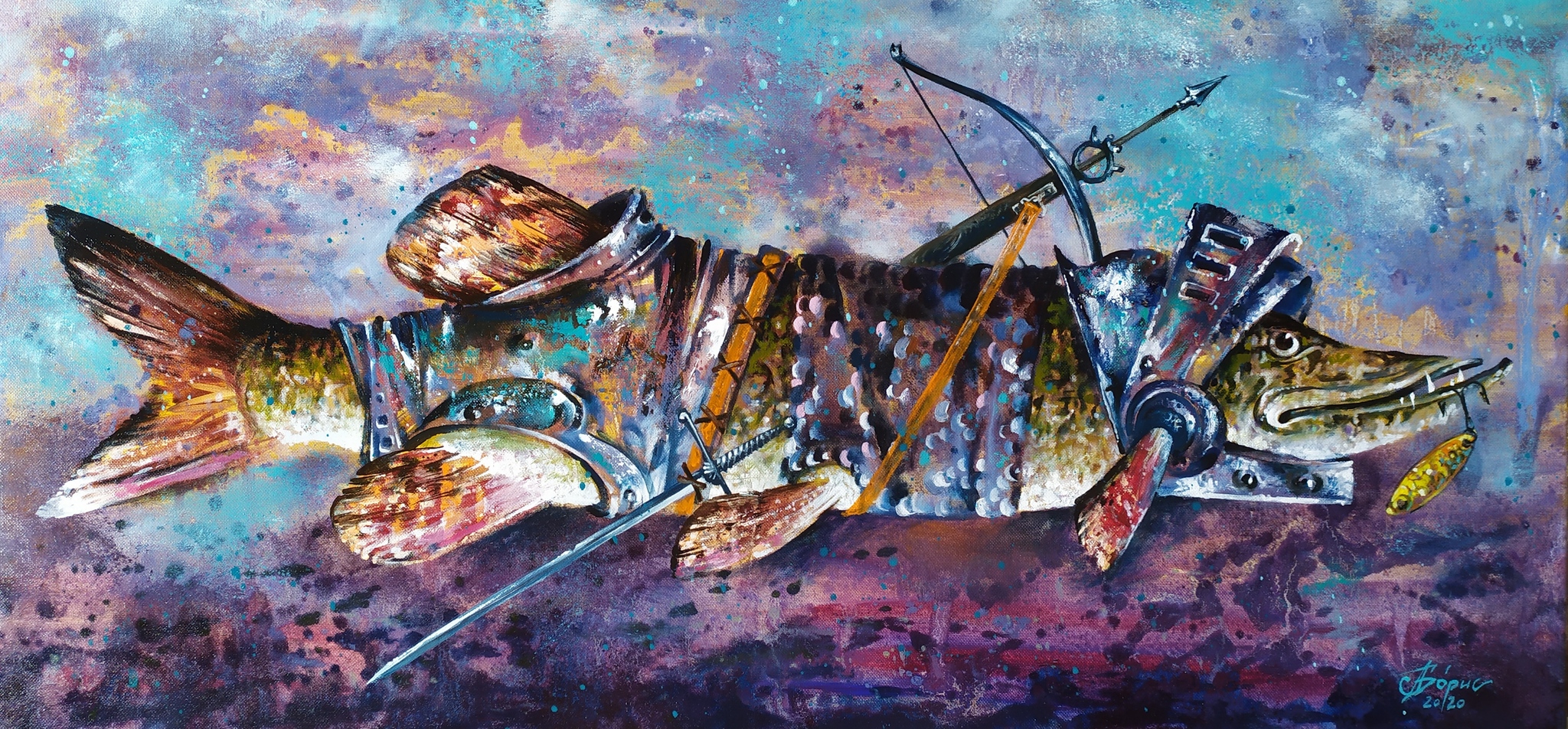 Painting River Watch - My, Painting, Fantasy, Art, Modern Art, Watch, Pike, Armor, A fish