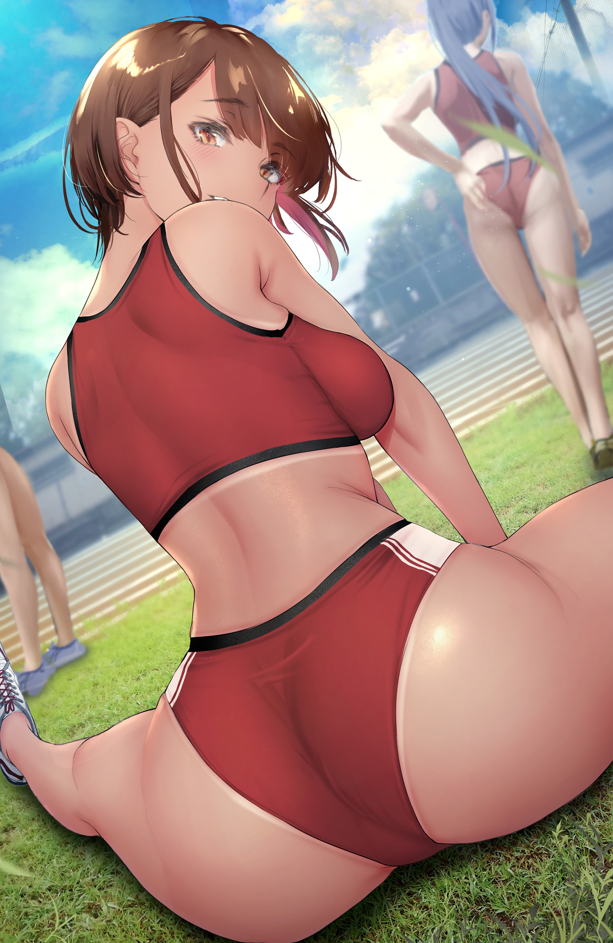 Warm up - NSFW, Art, Anime art, Original character, Girls, Erotic, Hand-drawn erotica, Boobs, Booty, Back view, Tan line, Sports uniform, Sports girls, Gym uniform, Gentuki0999