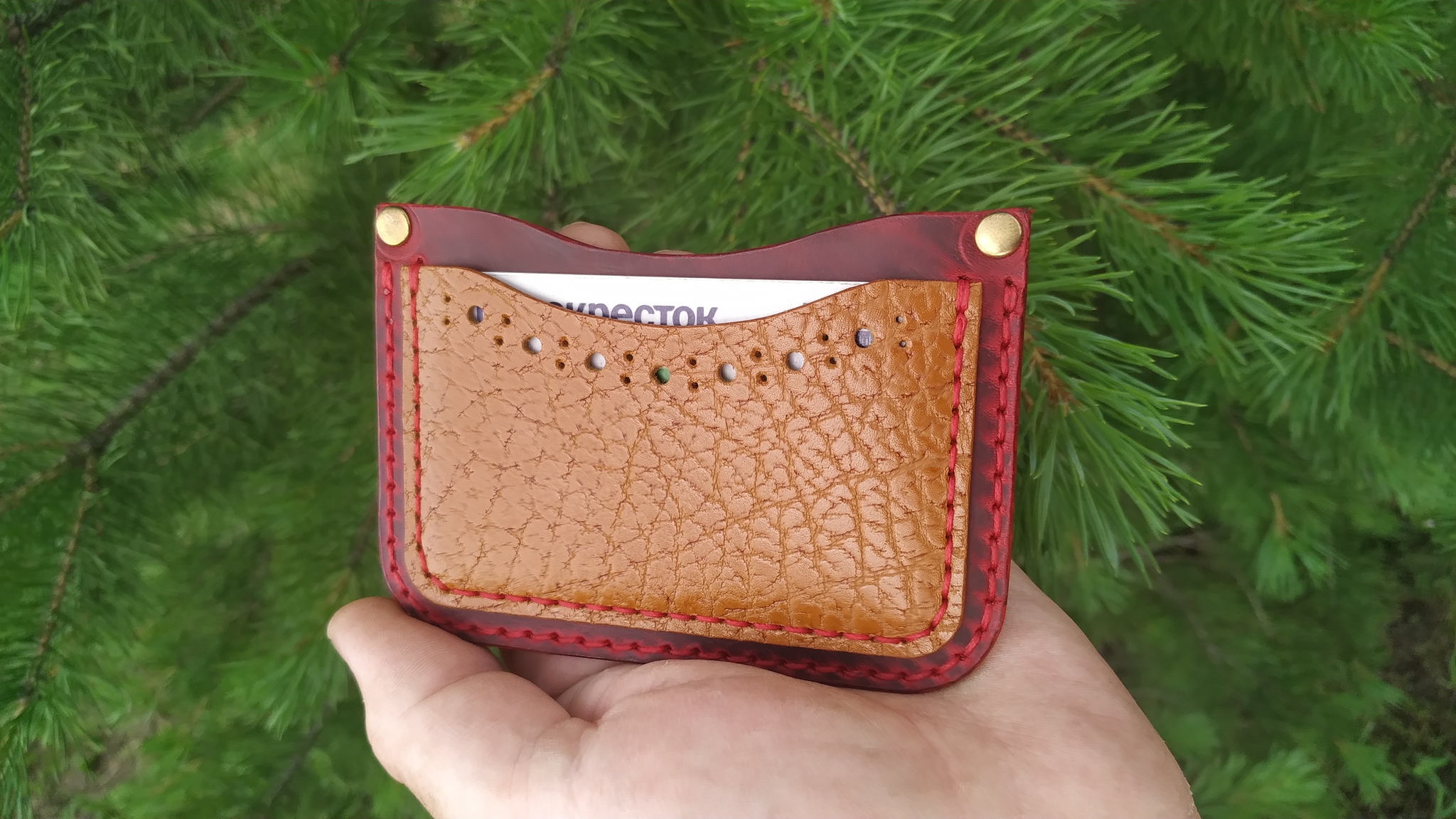 Cranberry and honey - My, With your own hands, Handmade, Needlework without process, Leather, Leather products, Natural leather, Cardholder, Wallet, Longpost