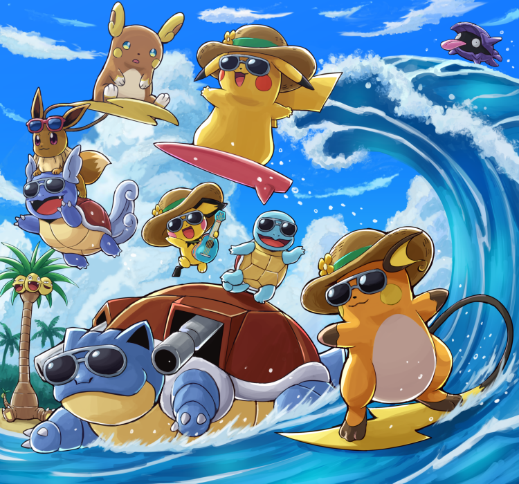 Picasurfing - Anime art, Anime, Pokemon, Pikachu, Raichu, Squirtle, Evie