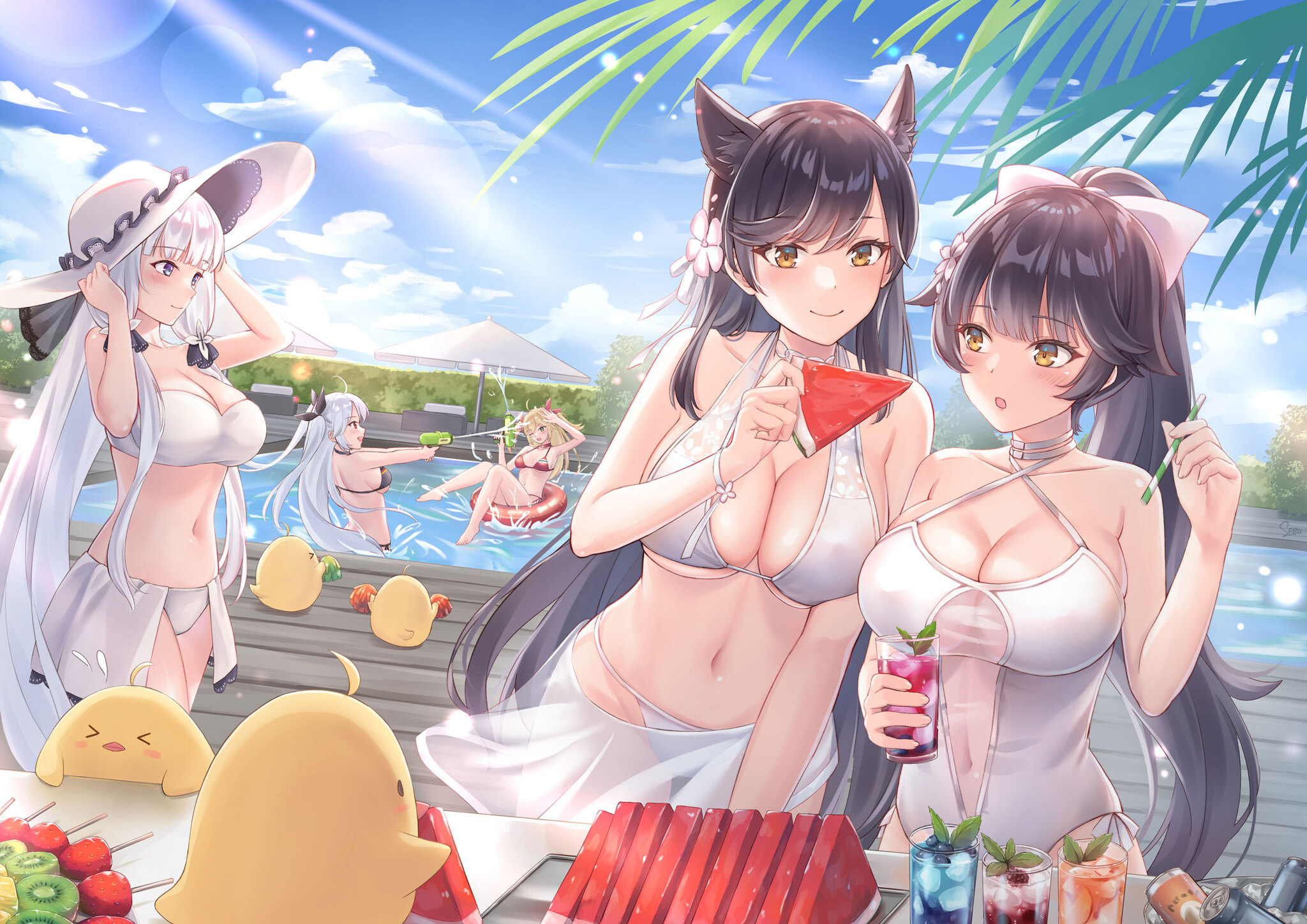 Summer Baldezh - NSFW, Anime, Anime art, Azur lane, Atago, Takao, Prinz Eugen, Illustrious (Azur Lane), Admiral Hipper, Manjuu, Swimsuit, Boobs, Animal ears, Hand-drawn erotica, Erotic, Sebu illust