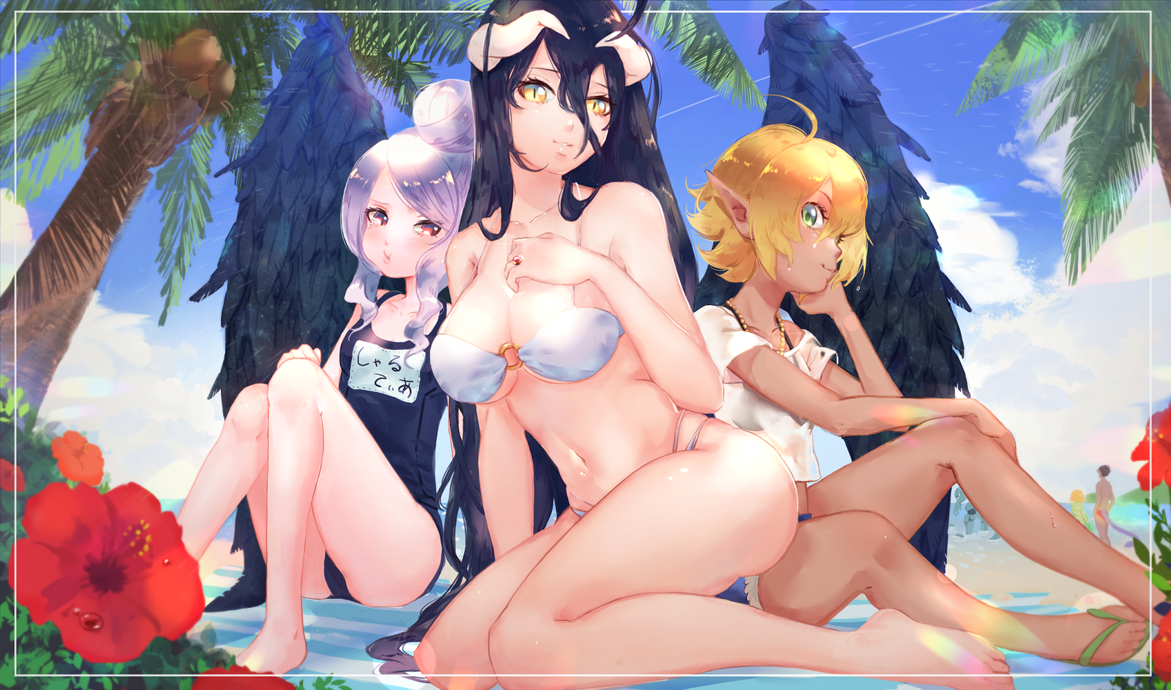 Beach babes - Art, Anime, Anime art, Overlord, Albedo, Shalltear bloodfallen, Aura Bella Fiora, Succubus, Girl with Horns, Vampires, Elves, Swimsuit, Beach, Summer, Relaxation