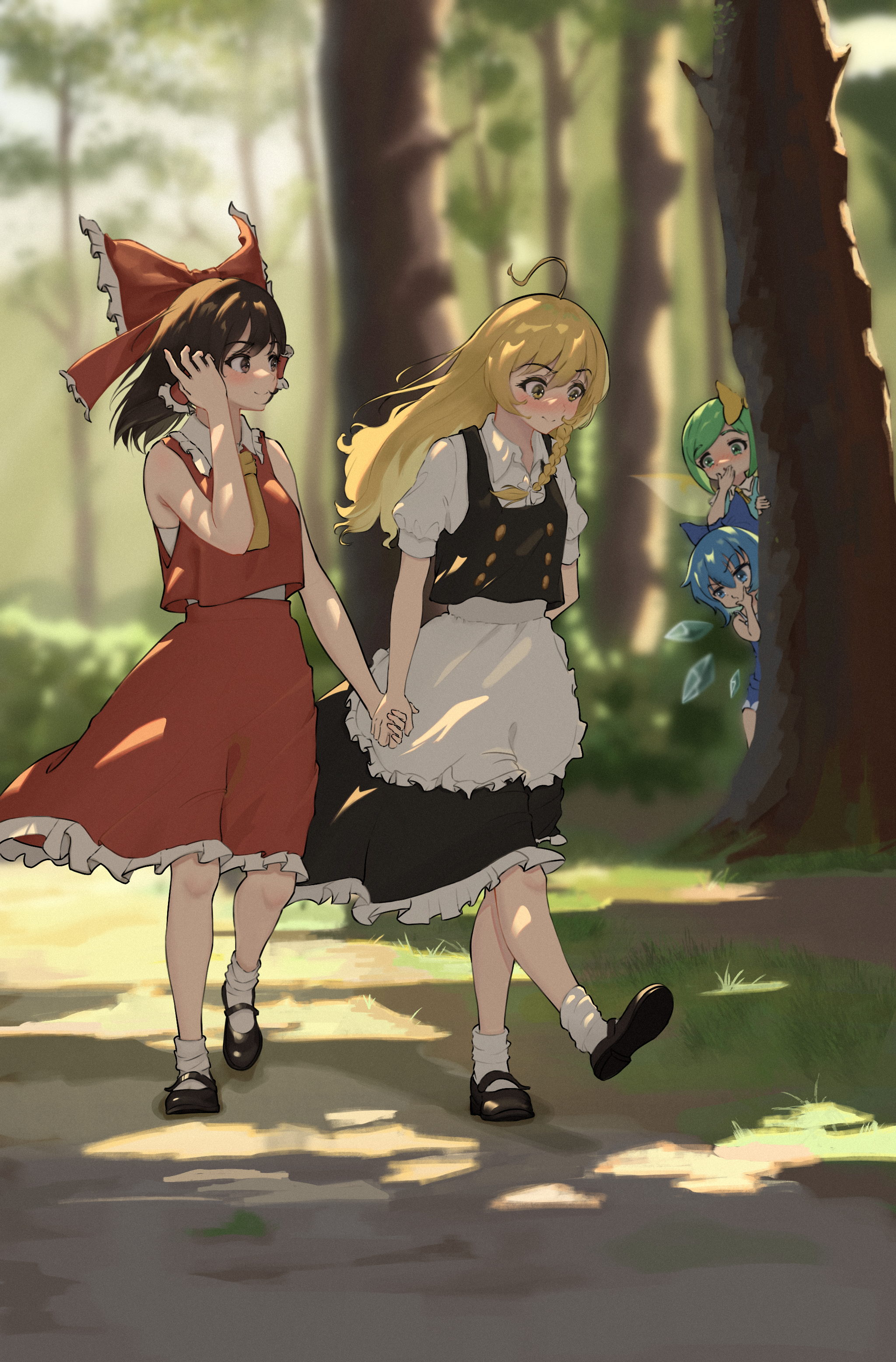 day walk - Yuri, Yuri cute, Touhou, Hakurei Reimu, Kirisame marisa, Daiyousei, Cirno, Anime art, Anime, Games