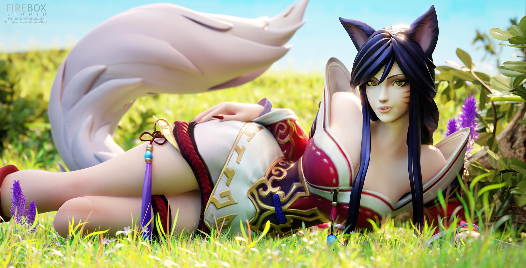 Ahri - NSFW, Эротика, Арт, Ahri, League of Legends, Animal Ears, 3D, Fireboxstudio, Сиськи, Нагота, Девушки