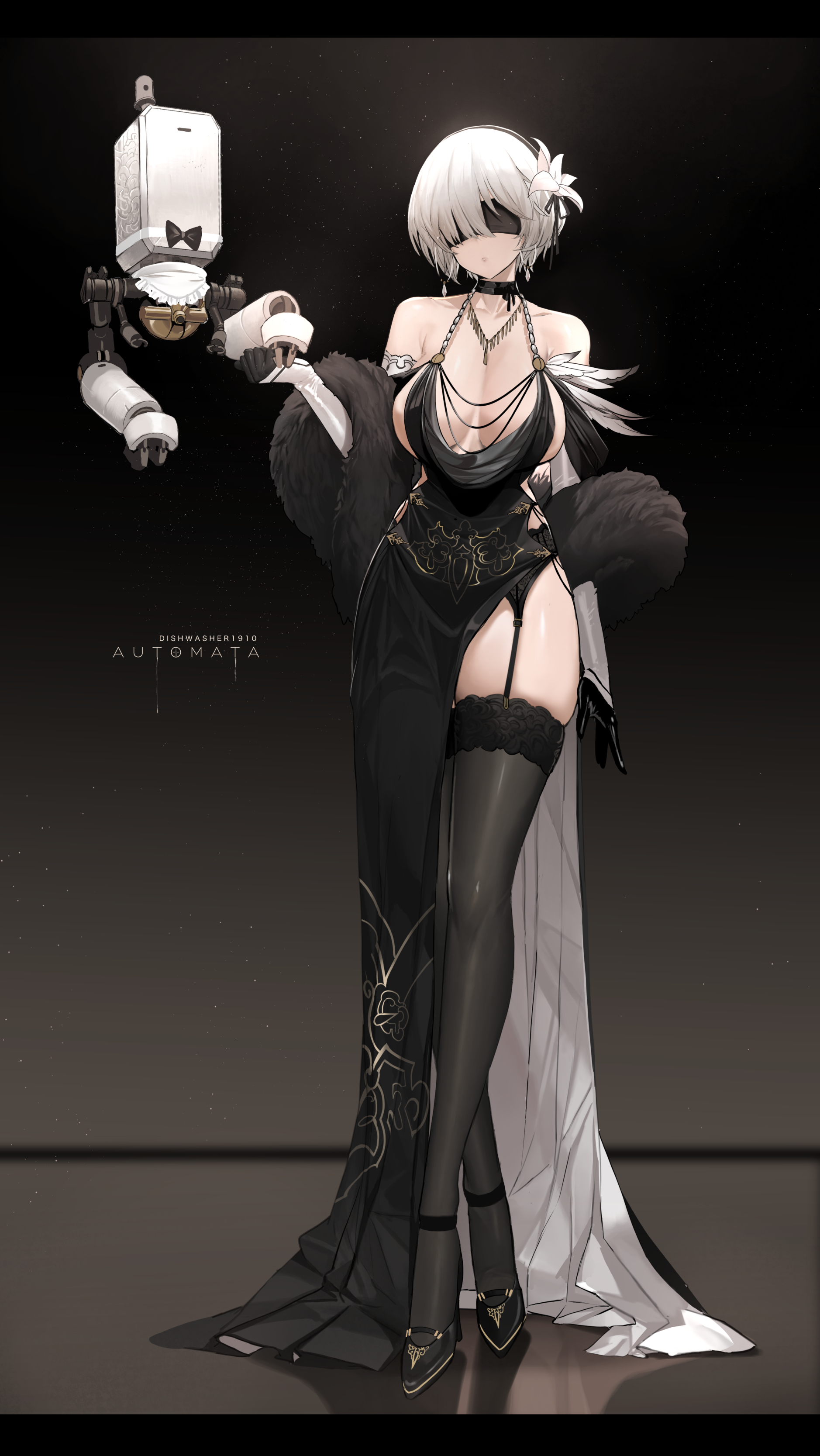 YoRHa 2B - NSFW, Art, Game art, Anime art, NIER, NIER Automata, Games, Yorha unit No 2 type B, Girls, Hand-drawn erotica, Back view, Stockings, Booty, Boobs, Garters, Dishwasher1910, Longpost