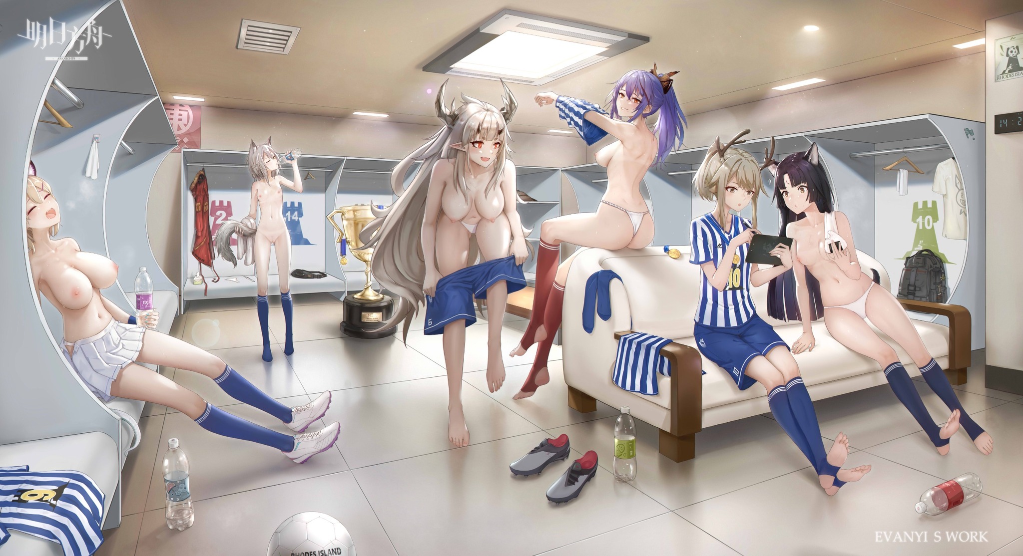 After the match in the dressing room - NSFW, Anime, Anime art, Arknights, Projekt Red (Arknights), Matoimaru, Utage (Arknights), Saga (Arknights), Akafuyu, Firewatch (Arknights), Boobs, Booty, Pantsu, Stockings, Nudity, Animal ears, Hand-drawn erotica, Erotic, Girl with Horns