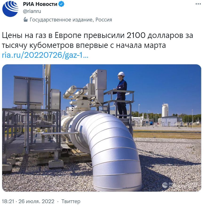 Впервые с начала марта газ в Европе подскочил до 2100 долларов за тысячу кубометров - Политика, Новости, Общество, Евросоюз, Европа, Экономика, Газ, Рост цен, Запад, Риа Новости, Скриншот, Twitter