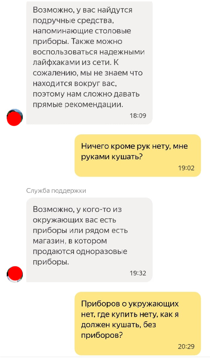 Devices - My, Yandex., Yandex Delivery, Cutlery, Delivery, Support service, Appendix, Longpost, Screenshot