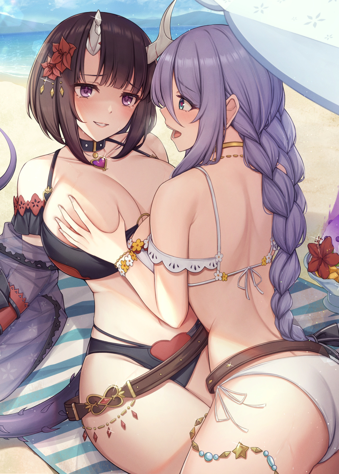 Beach selection from Orz_can - NSFW, Girls, Anime, Anime art, Erotic, Hand-drawn erotica, Swimsuit, Boobs, Orz, Longpost