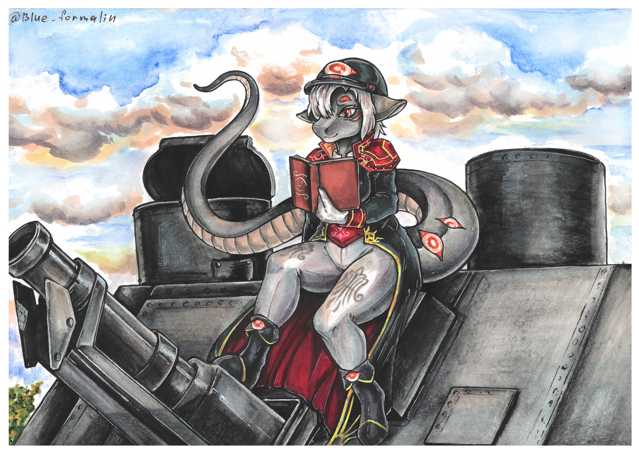 Tank ride - My, Art, Anthro, Furry art, Furry, Furry dragon, Tanks, Traditional art