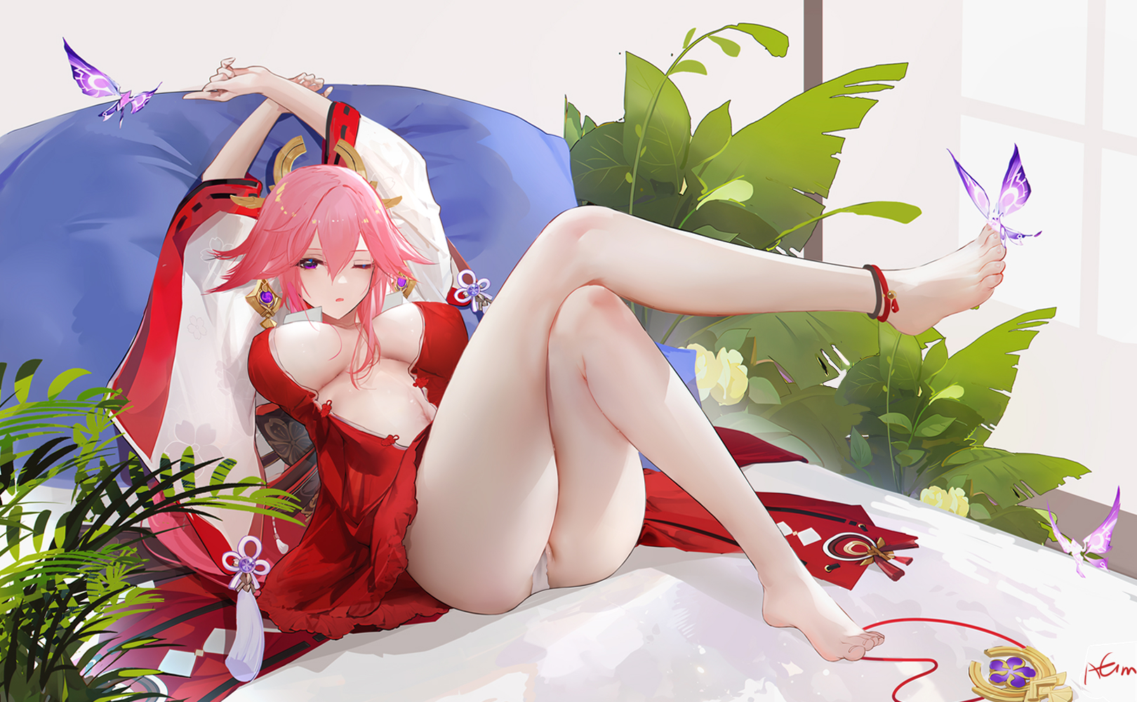 Yae - NSFW, Anime art, Animal ears, Genshin impact, Yae miko, Agm, Hand-drawn erotica, Longpost