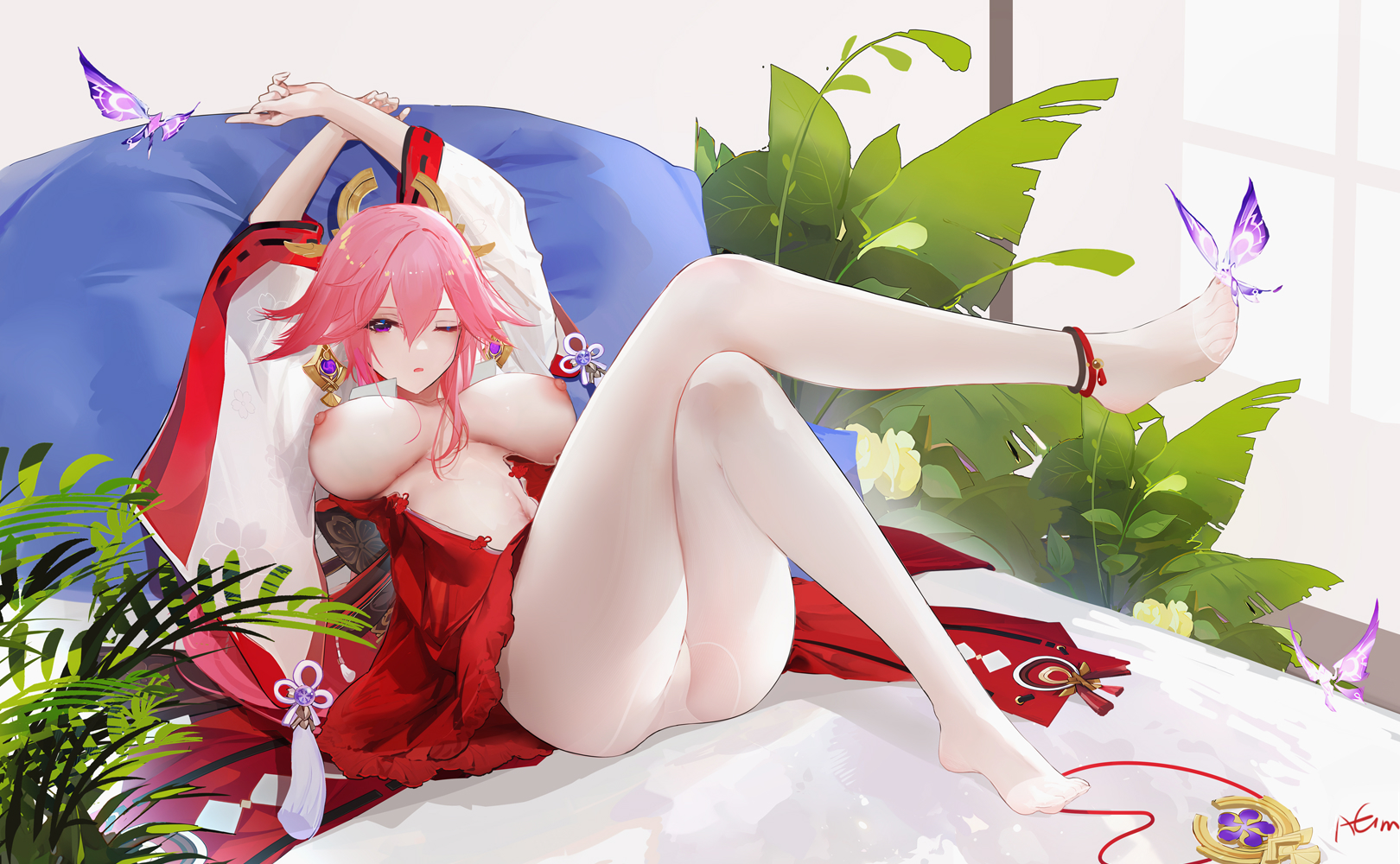 Yae - NSFW, Anime art, Animal ears, Genshin impact, Yae miko, Agm, Hand-drawn erotica, Longpost