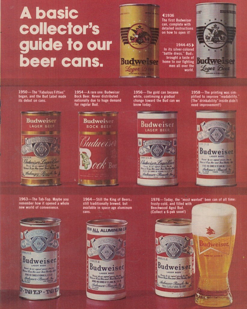 Эволюция банок Budweiser с 1936 по 1976 - Пиво, Алюминиевая банка, Эволюция, Budweiser