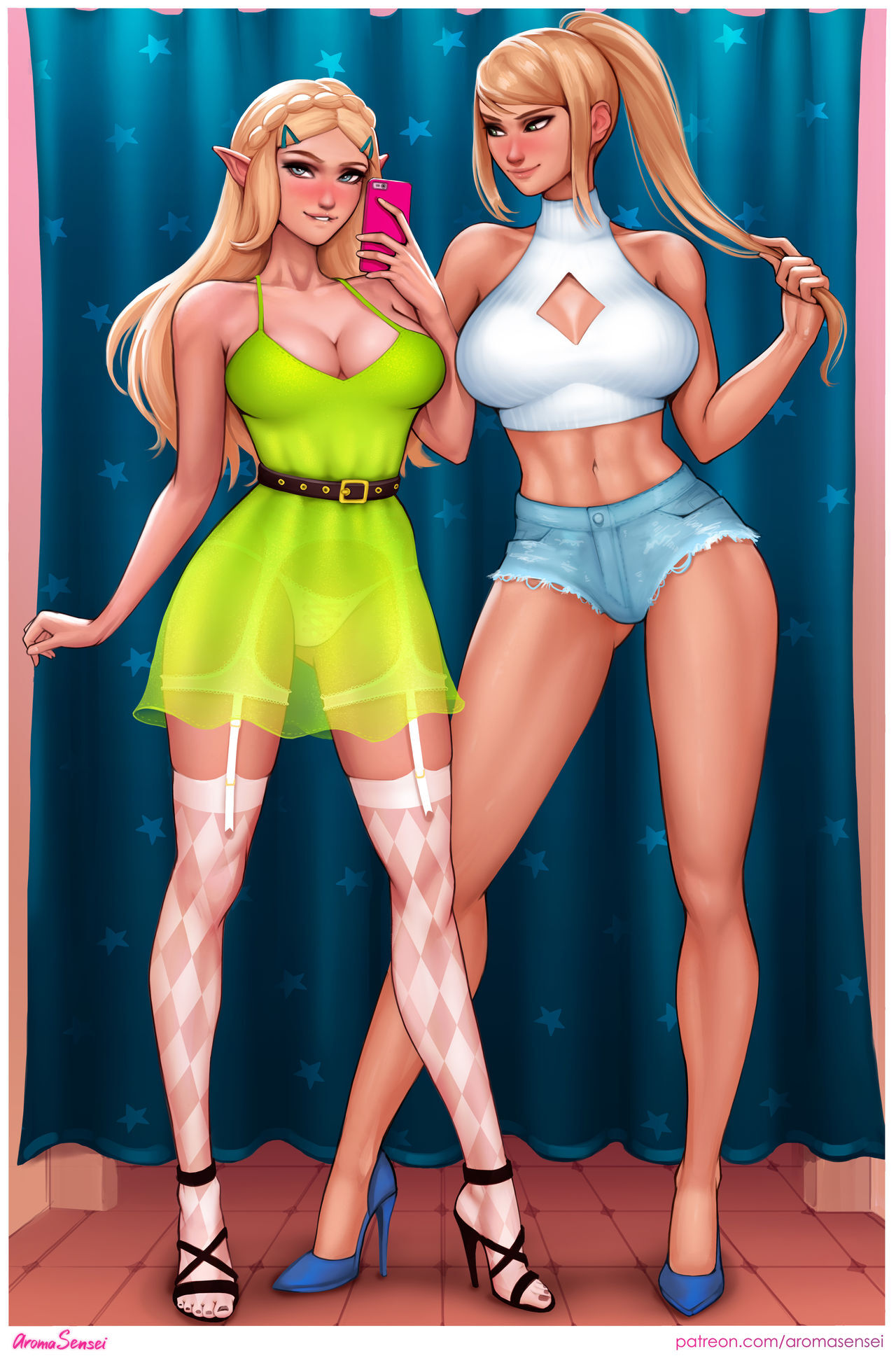 Zelda and Samus - NSFW, Girls, Games, Aromasensei, Samus aran, Princess zelda, Erotic, Hand-drawn erotica, Underwear, Boobs, Booty, Labia, Longpost