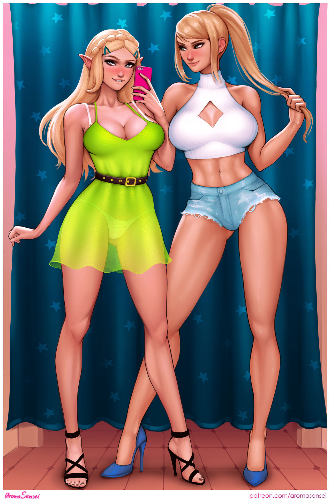 Zelda and Samus - NSFW, Girls, Games, Aromasensei, Samus aran, Princess zelda, Erotic, Hand-drawn erotica, Underwear, Boobs, Booty, Labia, Longpost