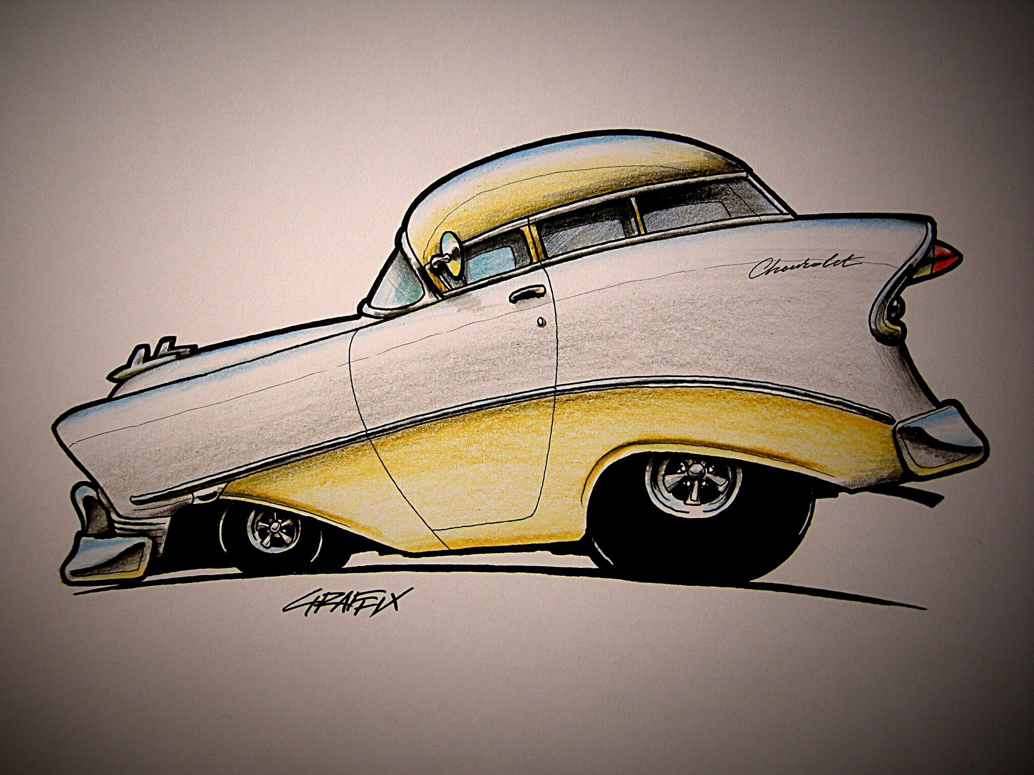 My entertainment in the evenings) - My, Drawing, Pencil drawing, Colour pencils, Sketch, Milota, American auto industry, Cartoon, Ford, Chevrolet, Mercury Coupe, Longpost
